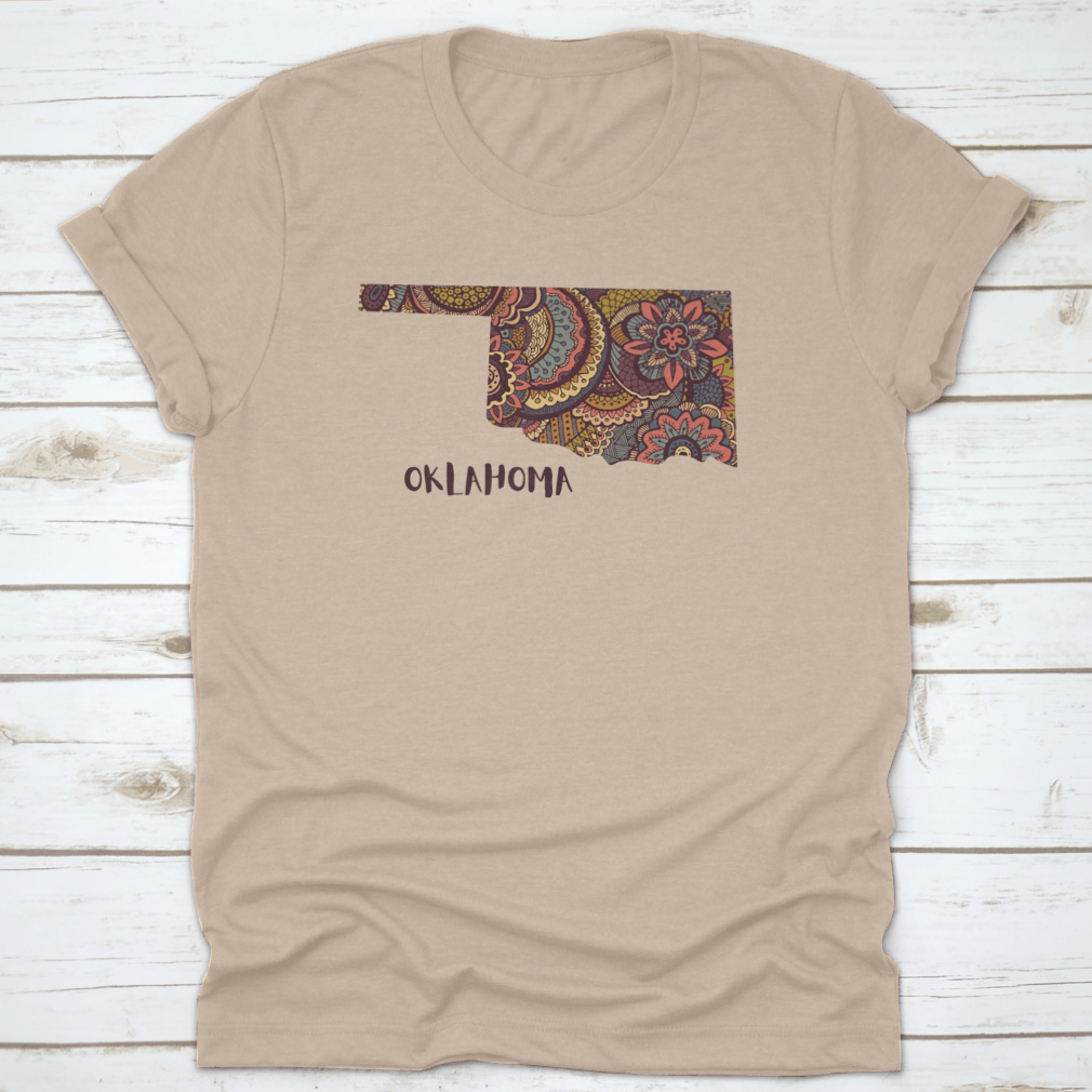 Stylized Map Of The State Of Oklahoma Doodles Sketch Shirt, showcasing a unique design on a comfortable cotton fabric.