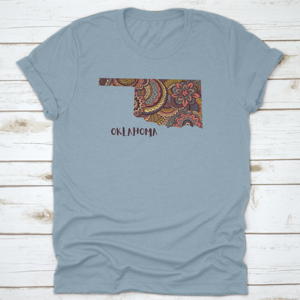 Stylized Map Of The State Of Oklahoma Doodles Sketch Shirt, showcasing a unique design on a comfortable cotton fabric.