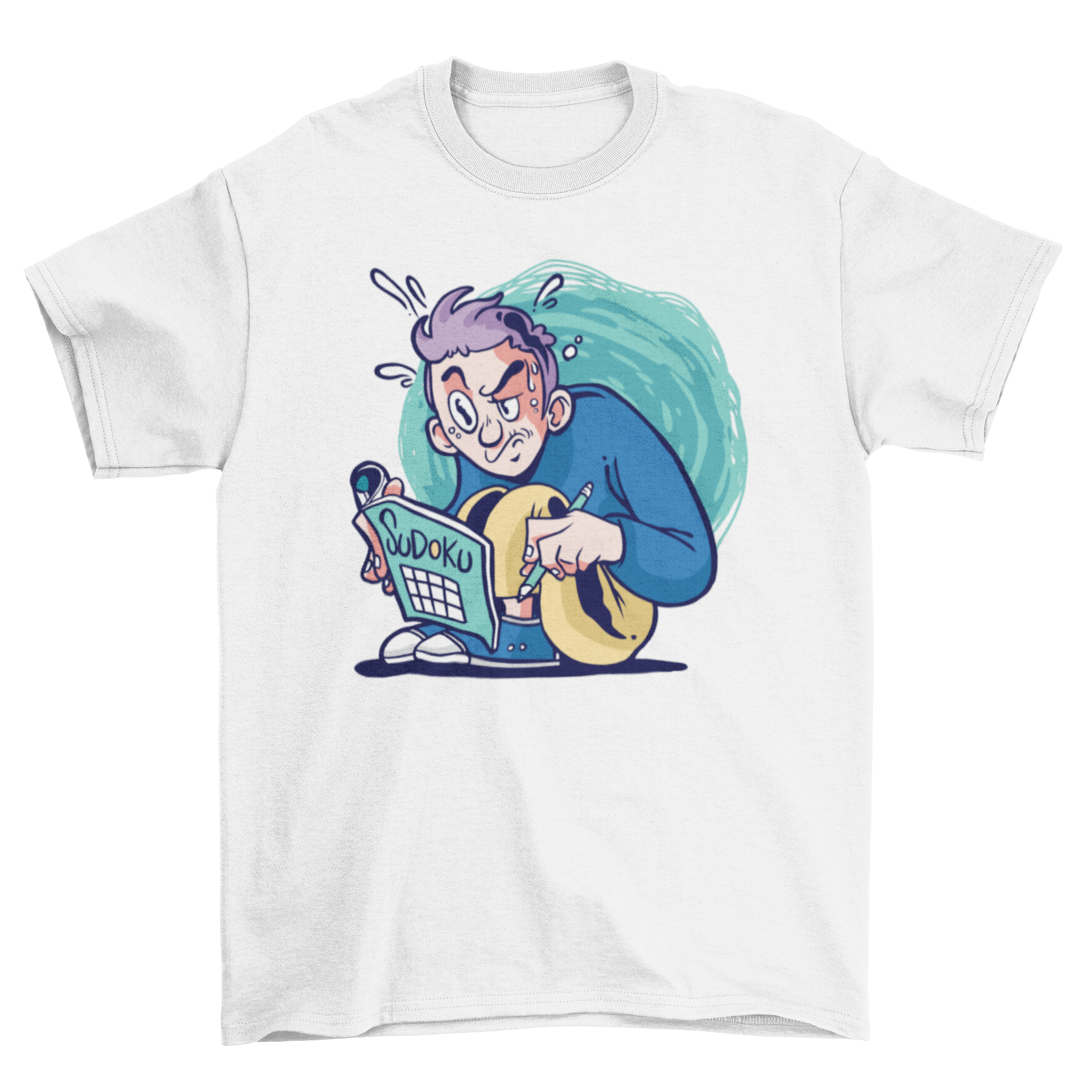A humorous t-shirt featuring a cartoon character solving a Sudoku puzzle, showcasing a fun design for puzzle enthusiasts.