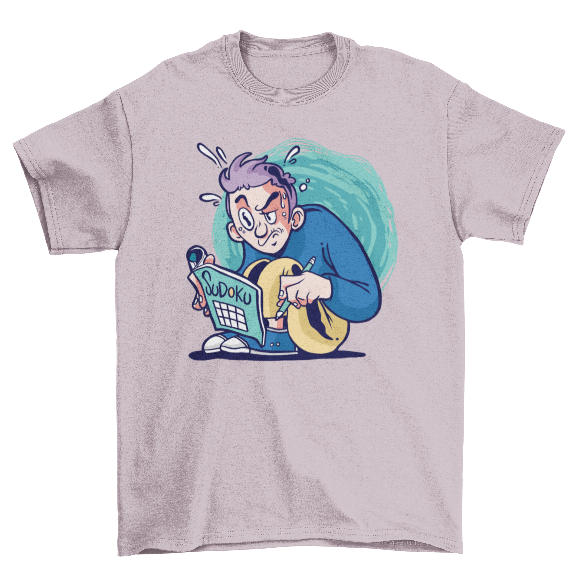 A humorous t-shirt featuring a cartoon character solving a Sudoku puzzle, showcasing a fun design for puzzle enthusiasts.
