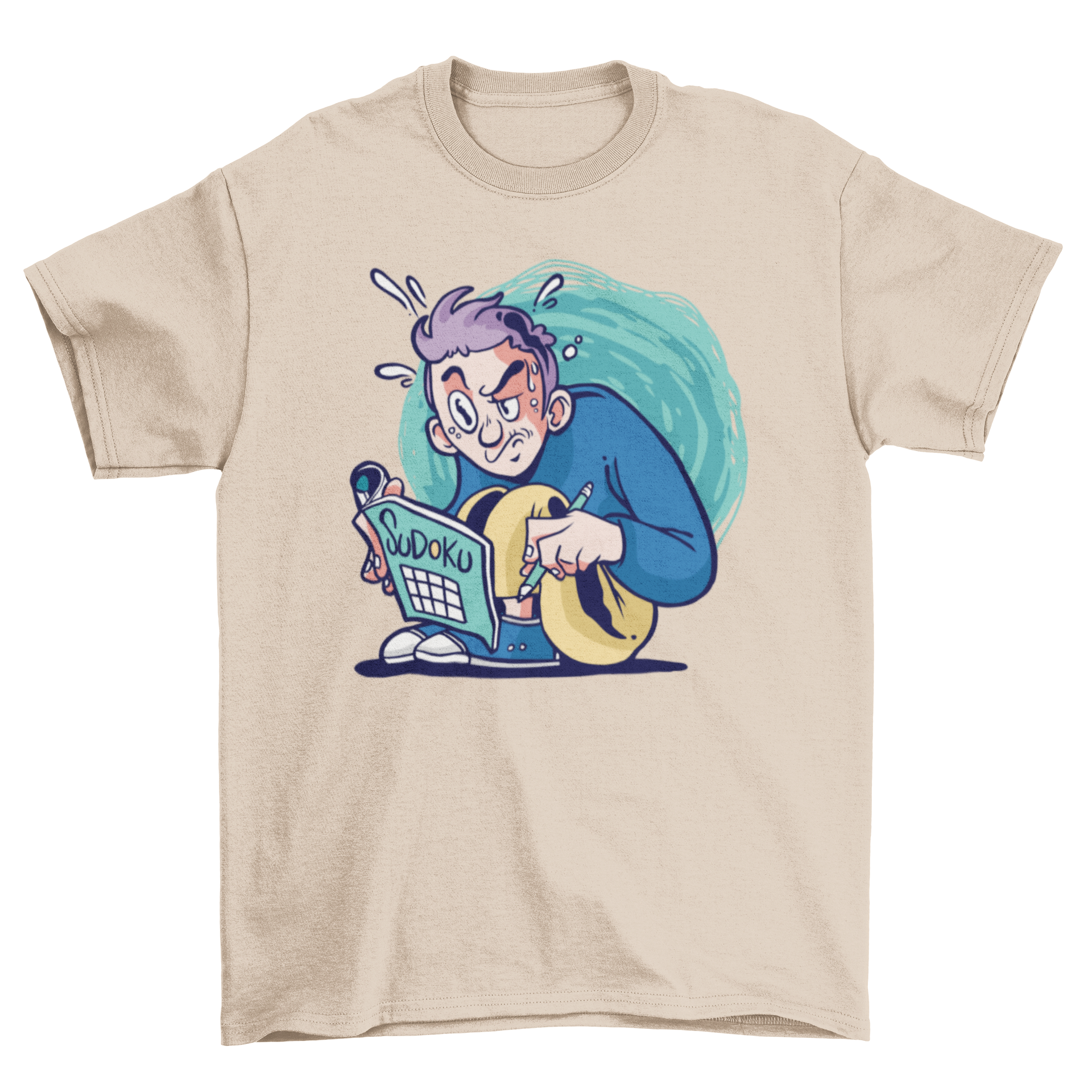 A humorous t-shirt featuring a cartoon character solving a Sudoku puzzle, showcasing a fun design for puzzle enthusiasts.