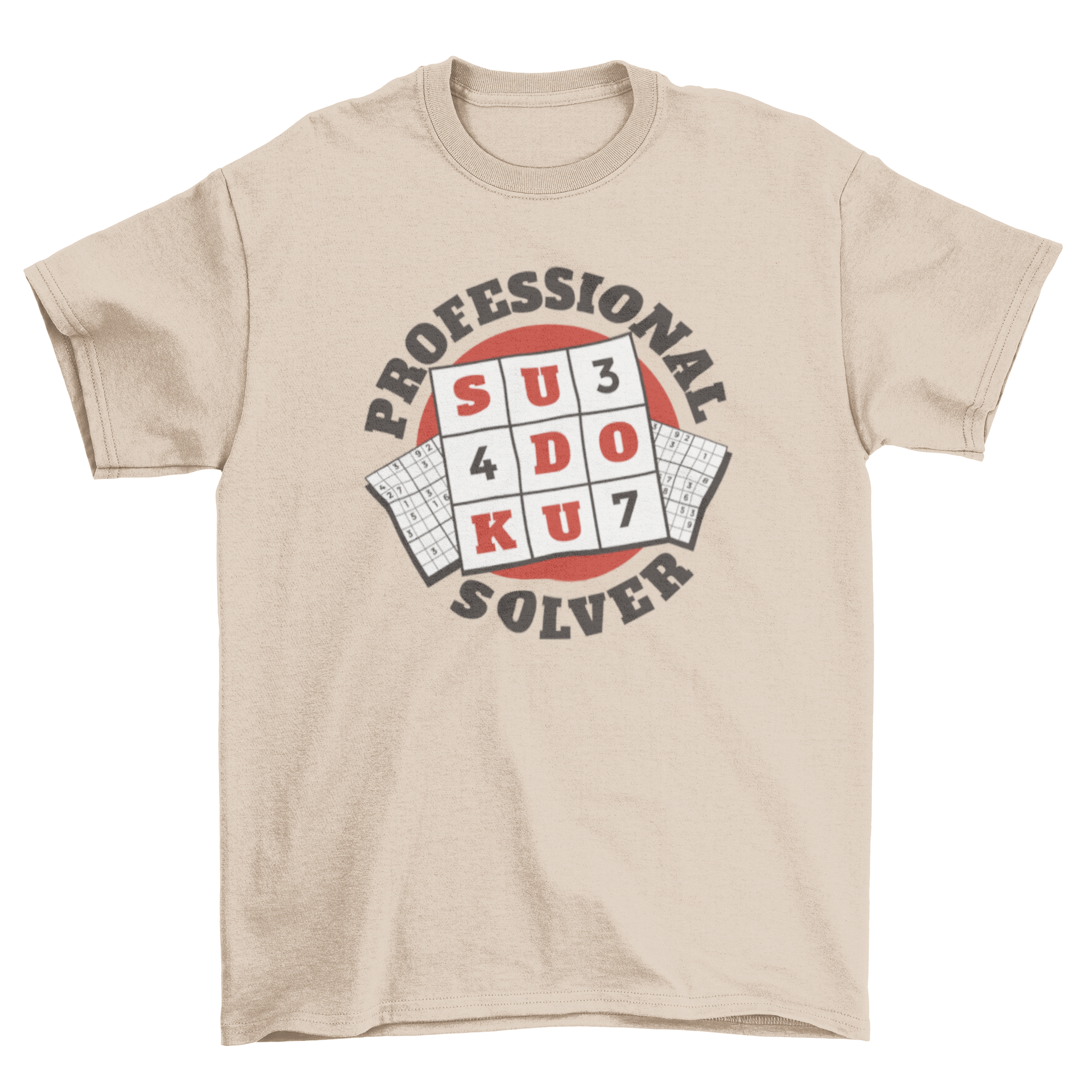 A stylish t-shirt featuring the phrase 'Professional Sudoku Solver' designed in a Sudoku grid layout.