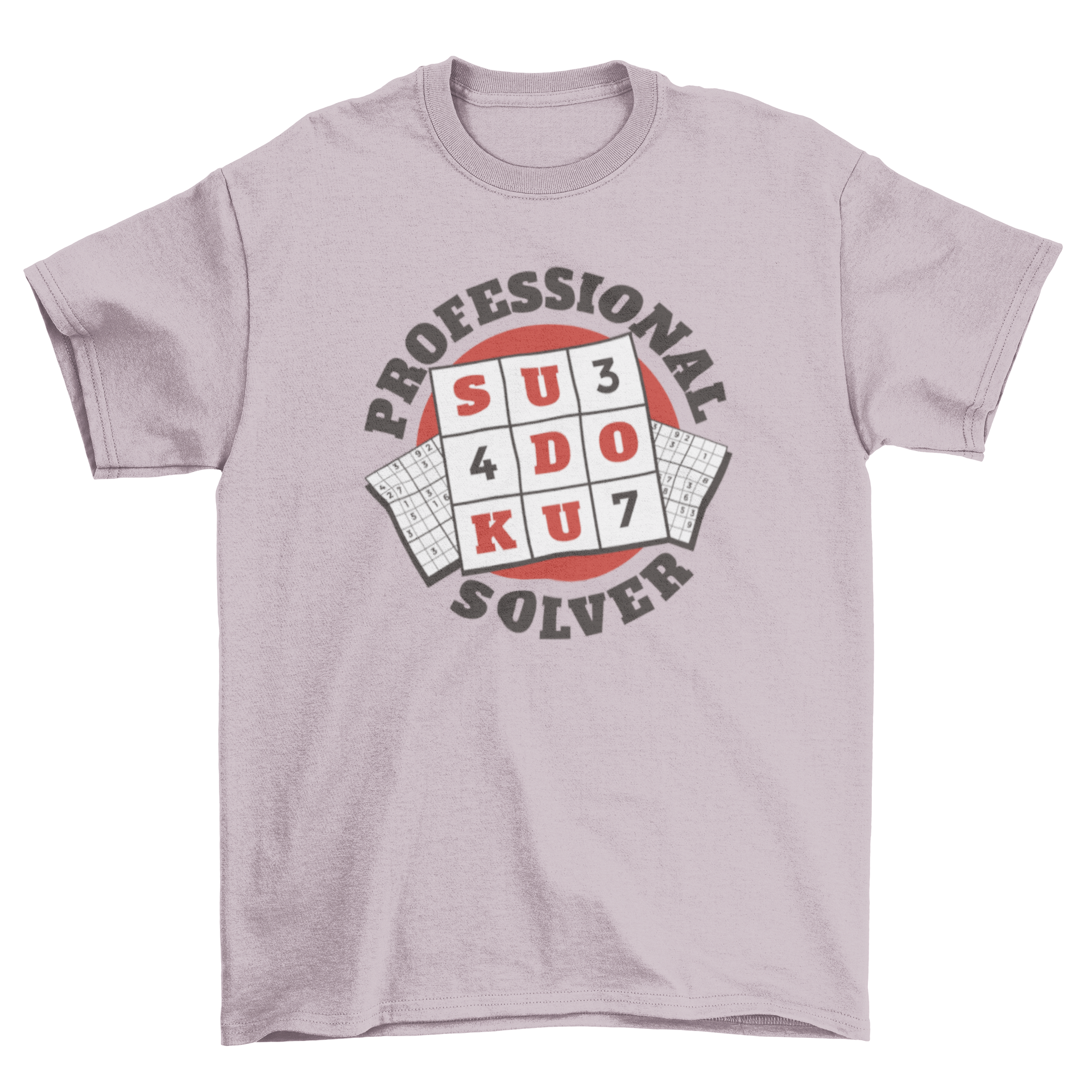 A stylish t-shirt featuring the phrase 'Professional Sudoku Solver' designed in a Sudoku grid layout.