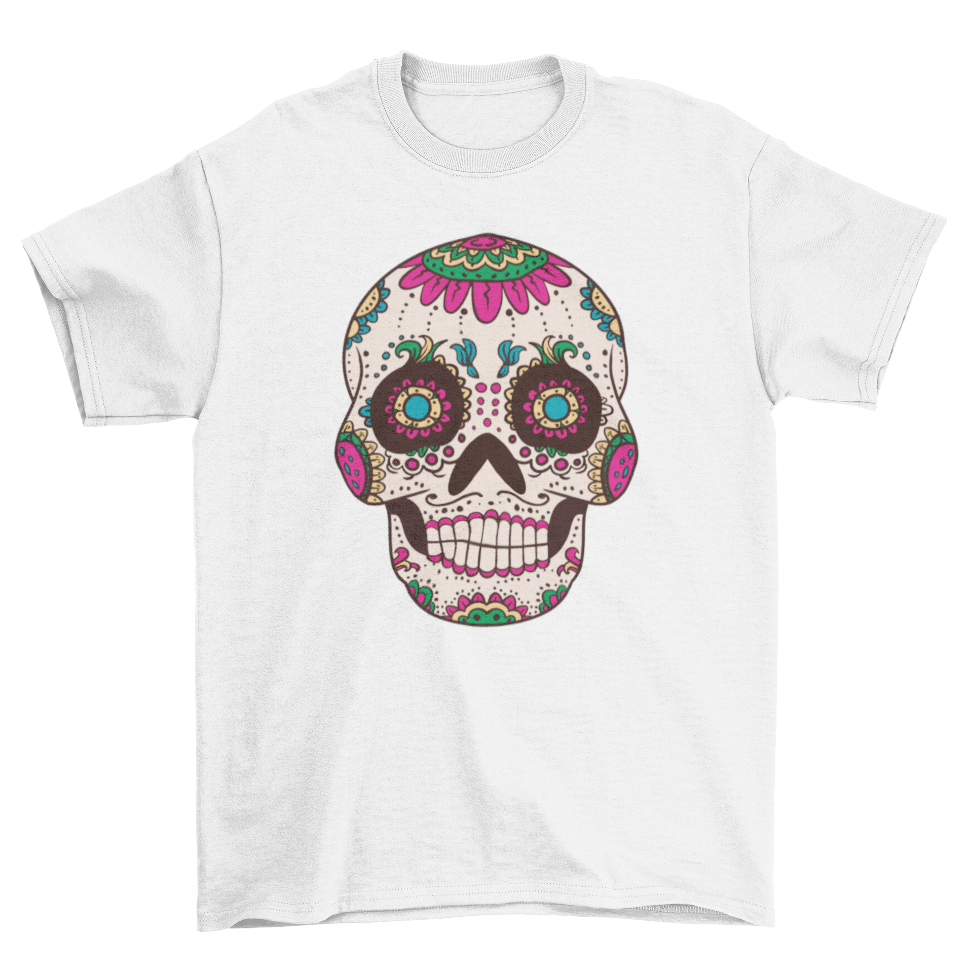 A vibrant Sugar Skull Cranium T-Shirt featuring intricate designs and bold colors, perfect for casual wear.