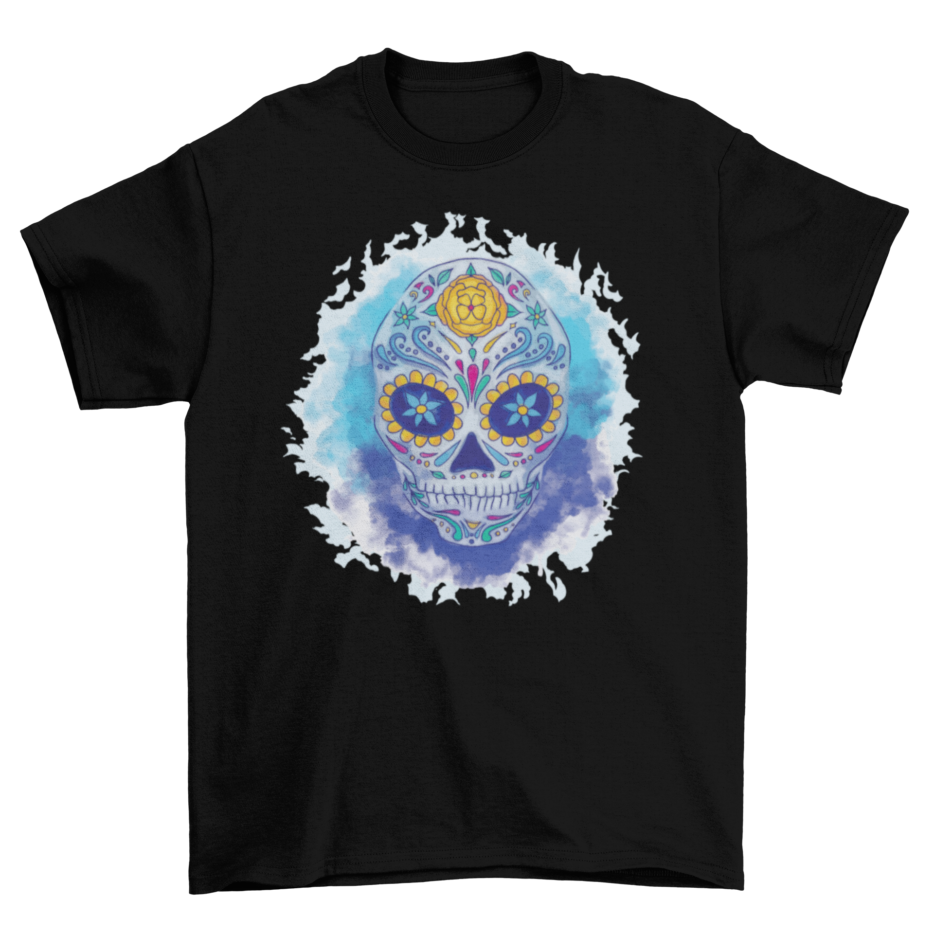 A vibrant sugar skull design in watercolor style on a stylish t-shirt, showcasing intricate details and colorful patterns.