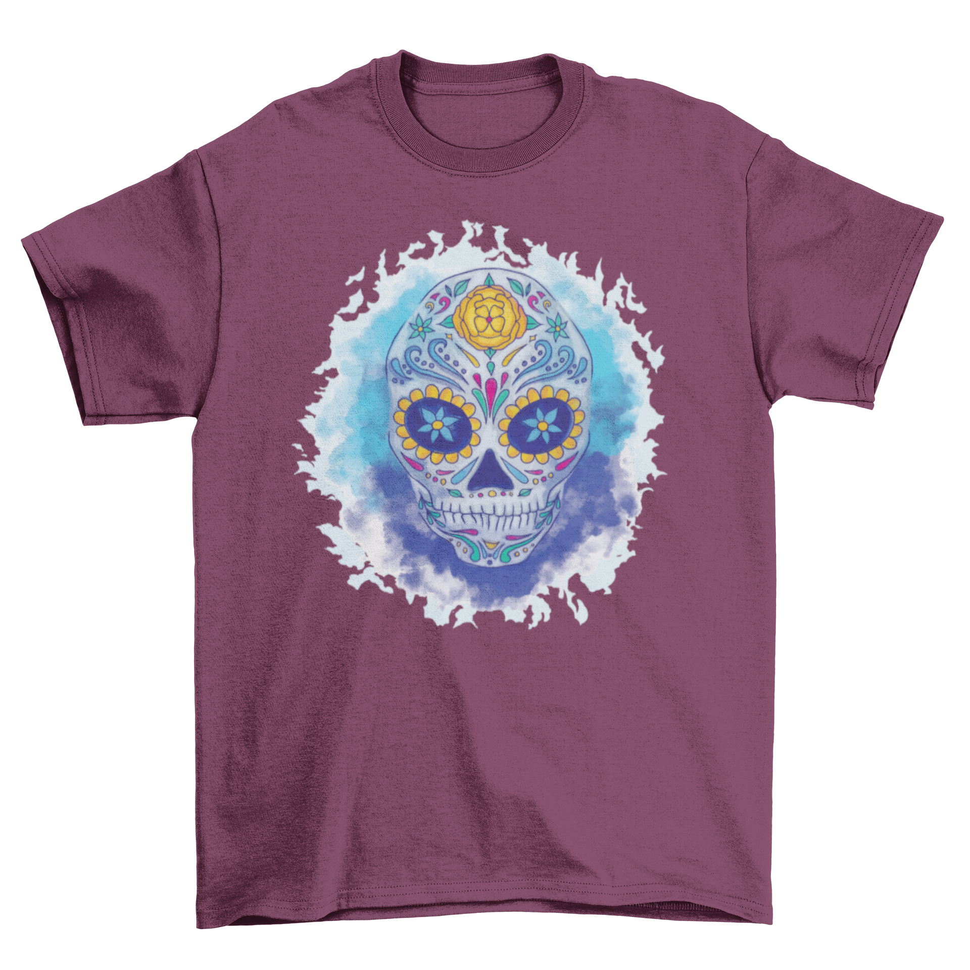 A vibrant sugar skull design in watercolor style on a stylish t-shirt, showcasing intricate details and colorful patterns.