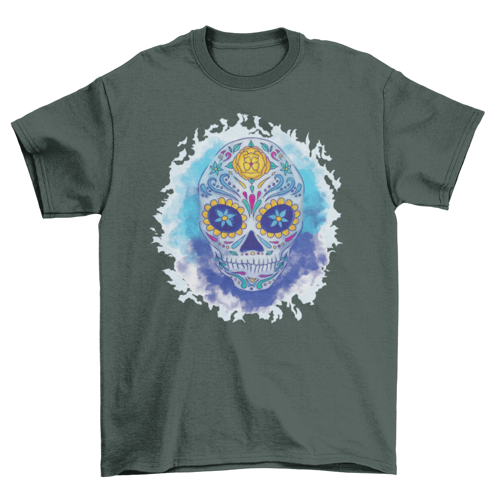A vibrant sugar skull design in watercolor style on a stylish t-shirt, showcasing intricate details and colorful patterns.