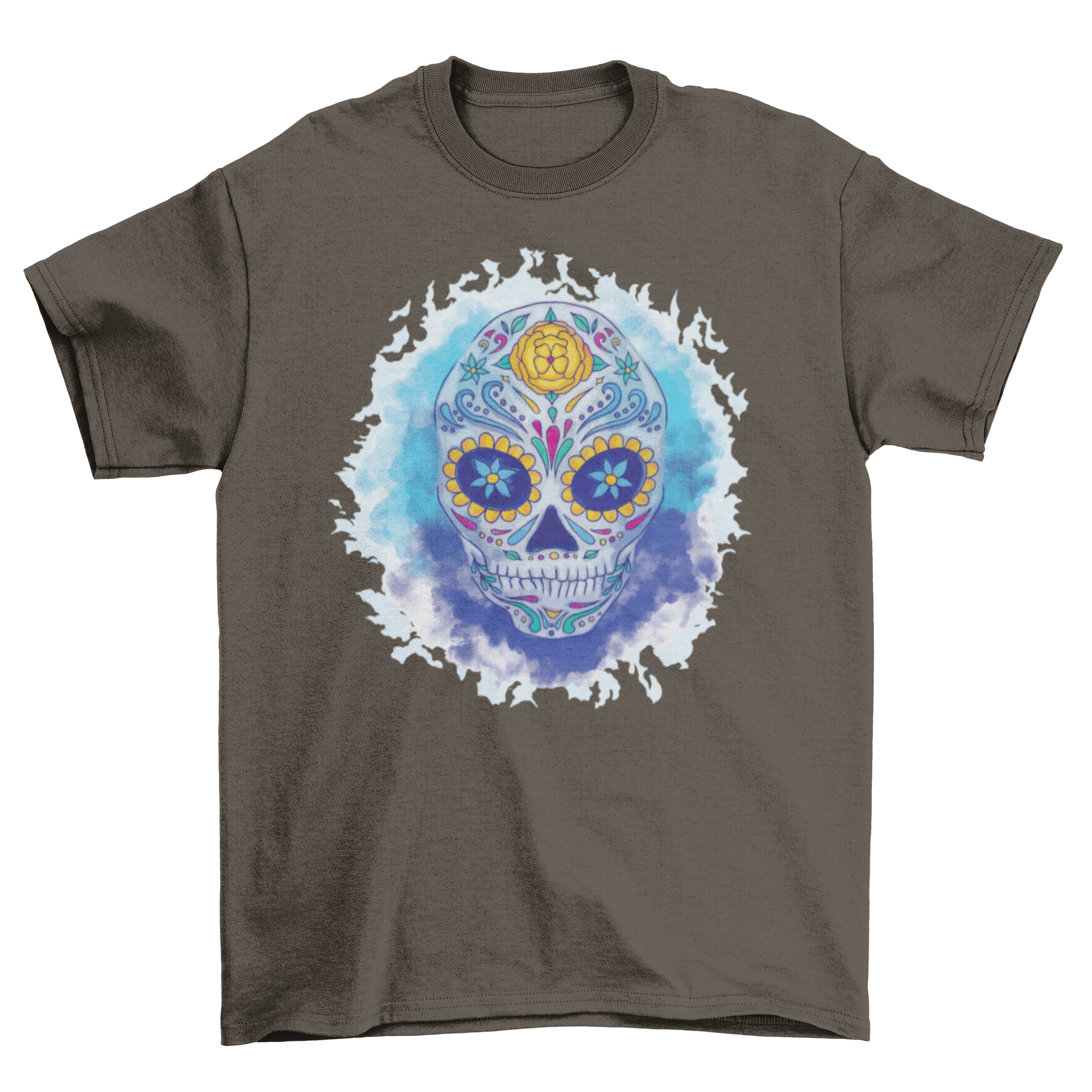 A vibrant sugar skull design in watercolor style on a stylish t-shirt, showcasing intricate details and colorful patterns.