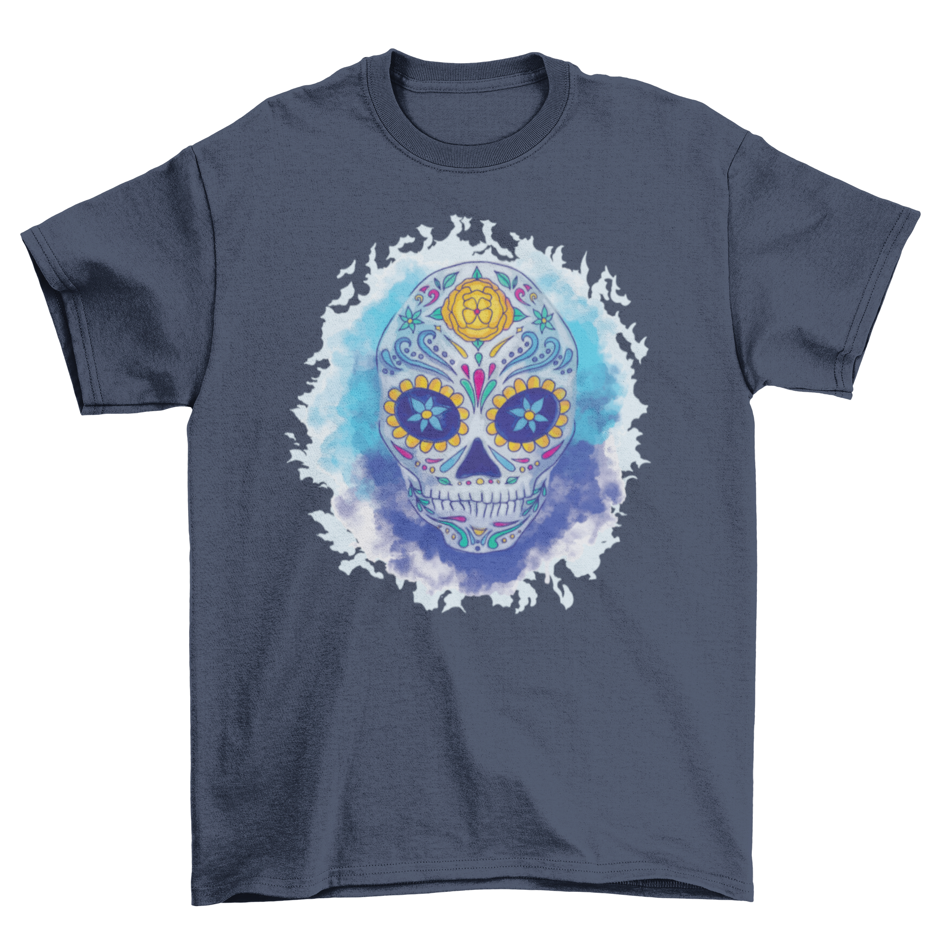 A vibrant sugar skull design in watercolor style on a stylish t-shirt, showcasing intricate details and colorful patterns.