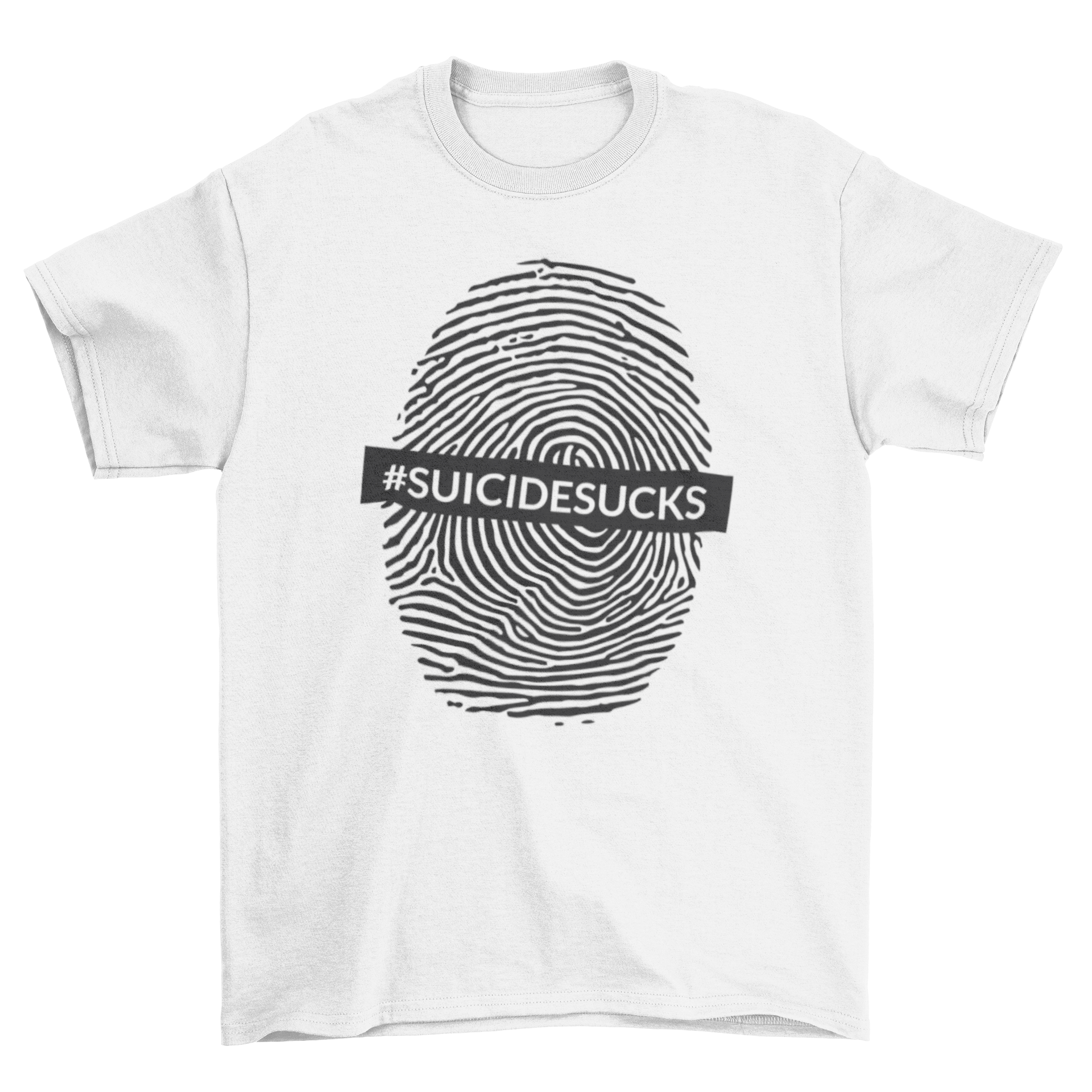 Suicide Sucks T-shirt featuring a fingerprint design and the hashtag #SUICIDESUCKS, promoting mental health awareness.