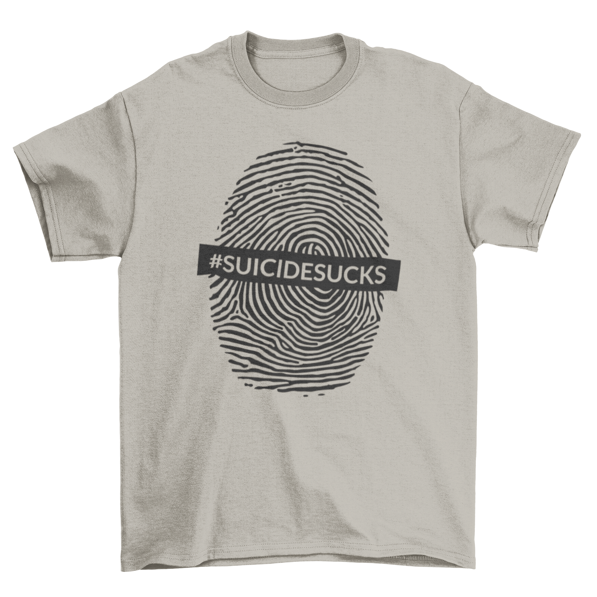 Suicide Sucks T-shirt featuring a fingerprint design and the hashtag #SUICIDESUCKS, promoting mental health awareness.
