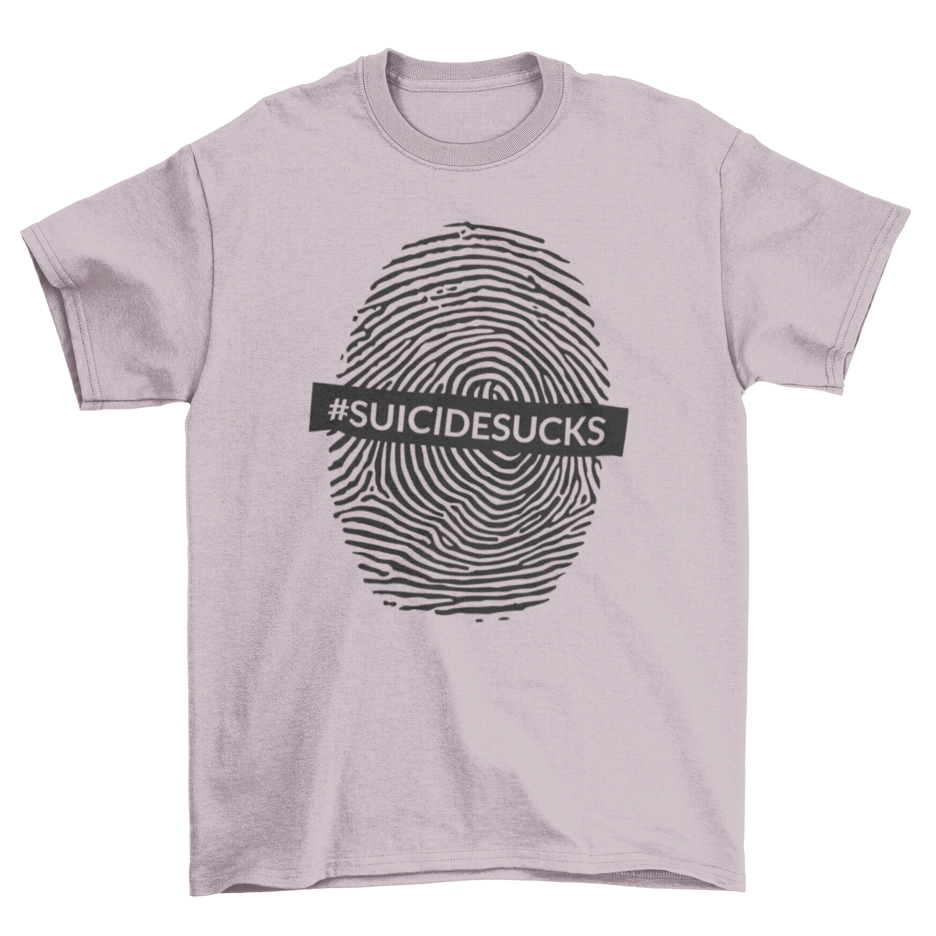 Suicide Sucks T-shirt featuring a fingerprint design and the hashtag #SUICIDESUCKS, promoting mental health awareness.
