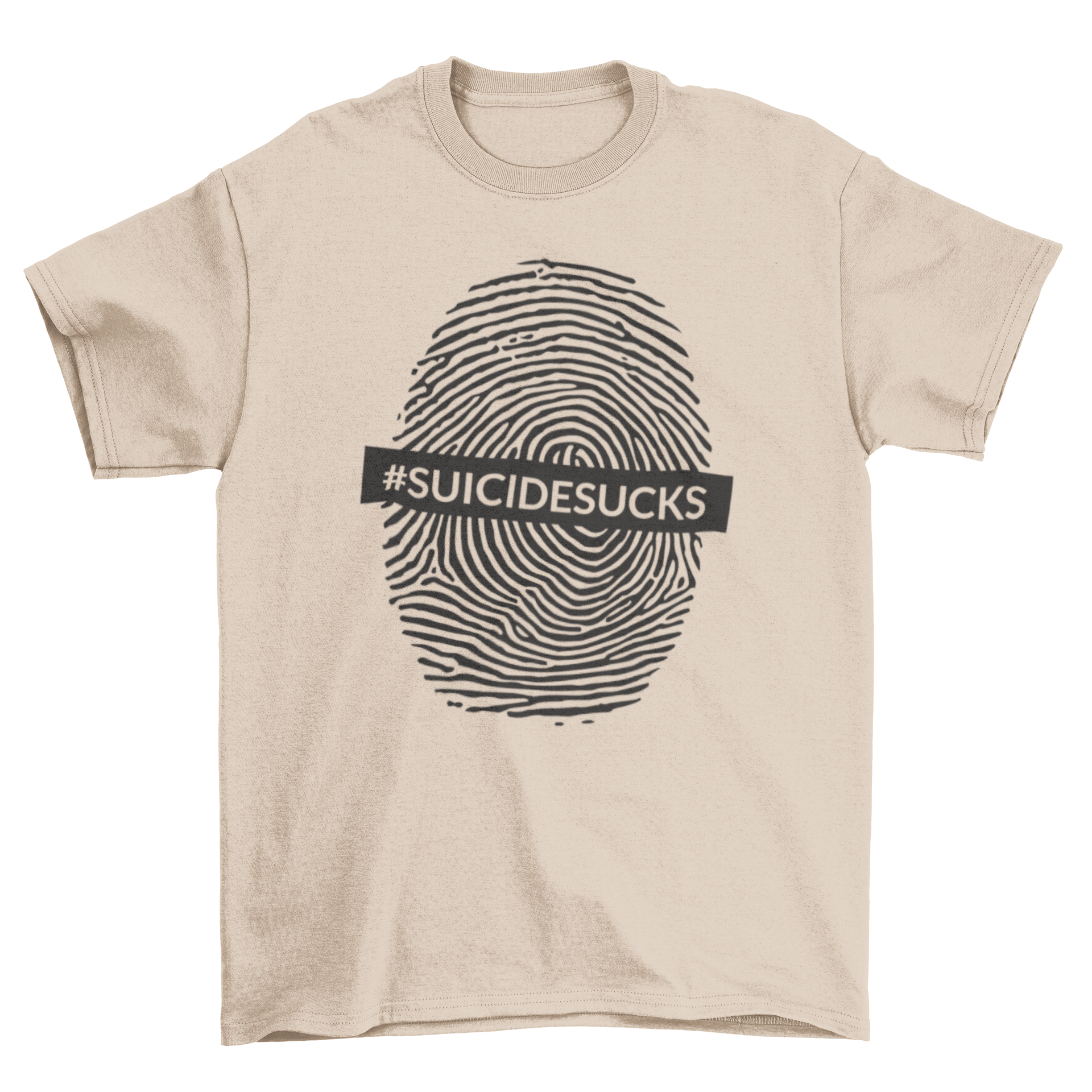 Suicide Sucks T-shirt featuring a fingerprint design and the hashtag #SUICIDESUCKS, promoting mental health awareness.