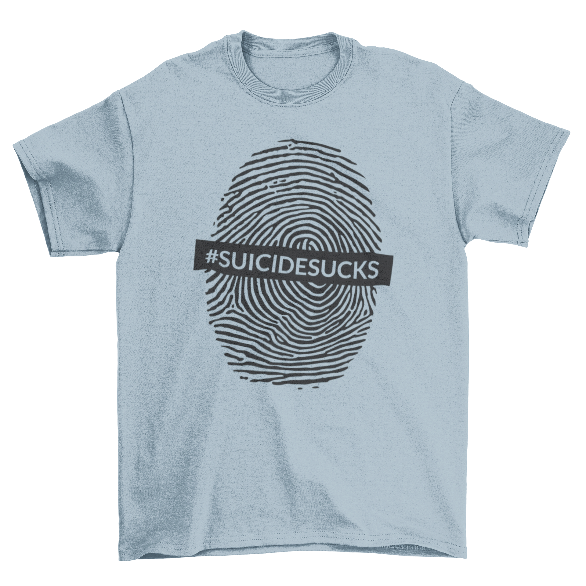 Suicide Sucks T-shirt featuring a fingerprint design and the hashtag #SUICIDESUCKS, promoting mental health awareness.