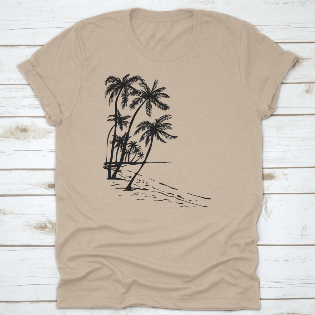 Hand-drawn sketch illustration of palm trees on a summer beach, showcasing a vibrant and relaxing tropical scene.