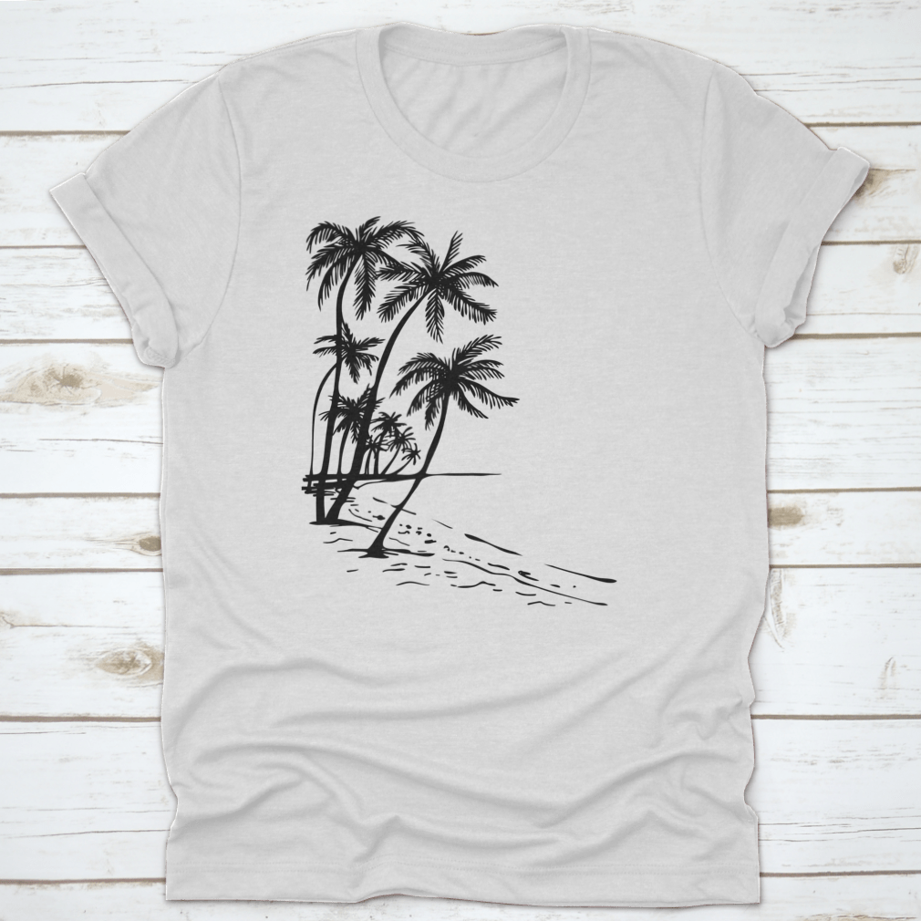 Hand-drawn sketch illustration of palm trees on a summer beach, showcasing a vibrant and relaxing tropical scene.