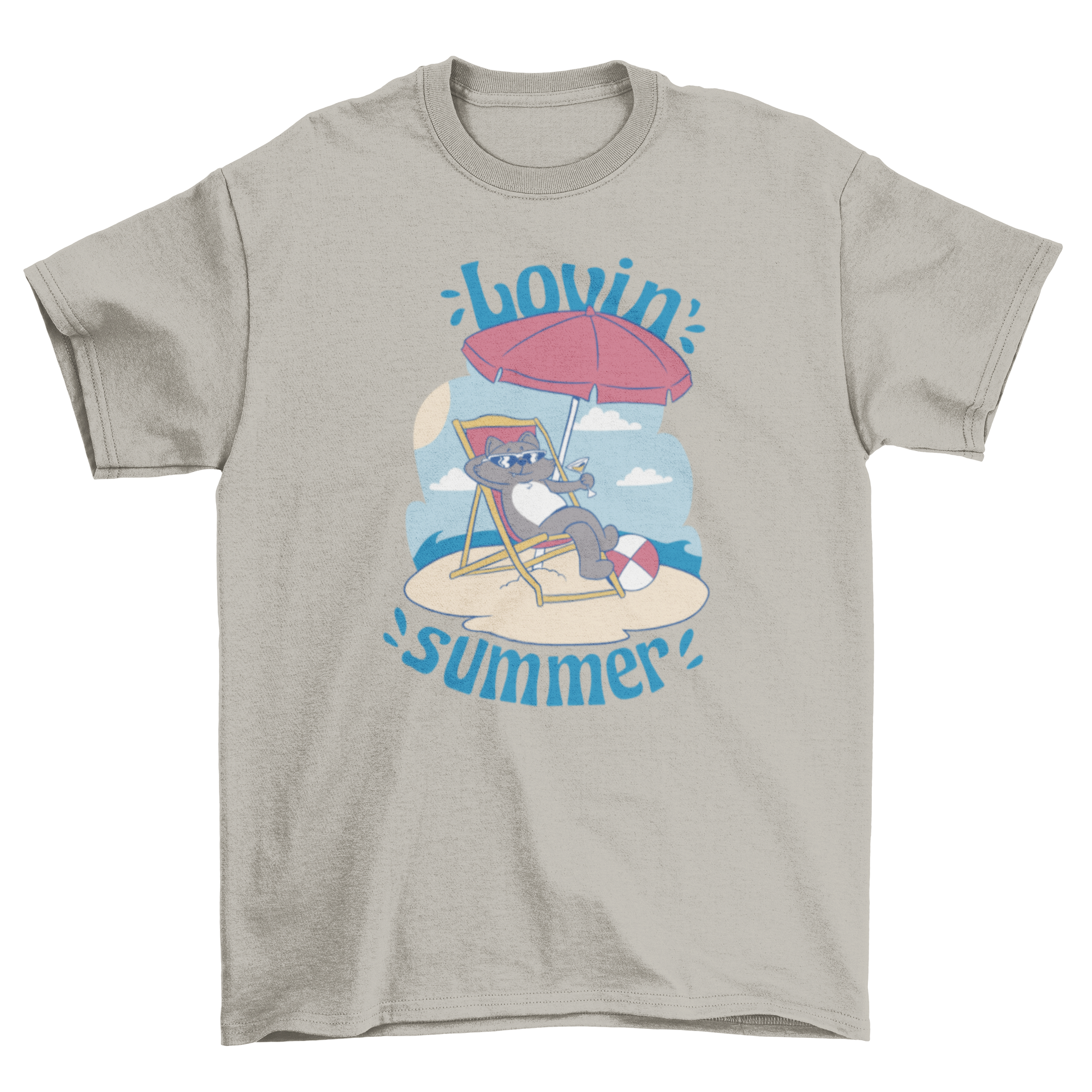 A playful t-shirt featuring a cat relaxing on a beach chair with a cocktail, perfect for summer wear.