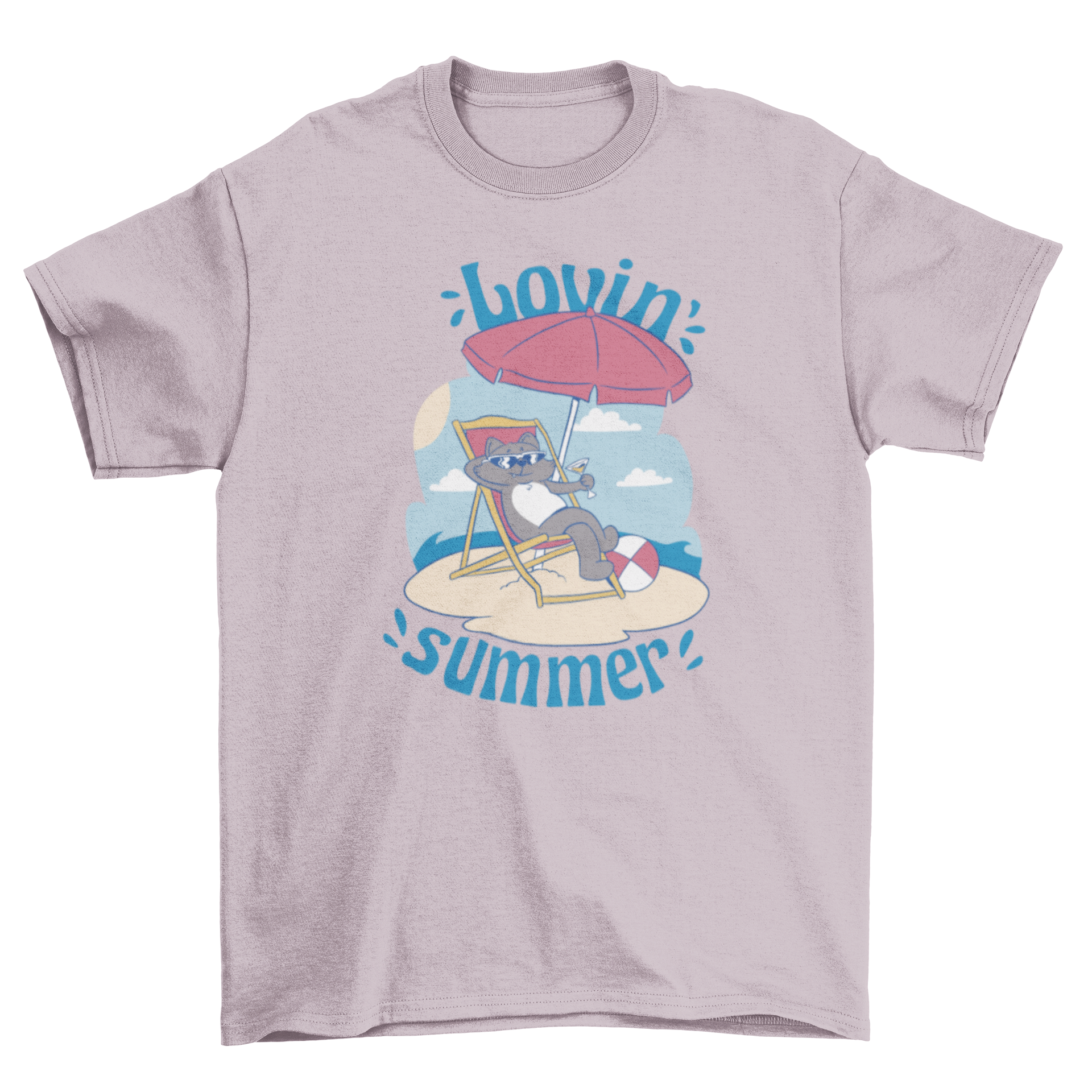 A playful t-shirt featuring a cat relaxing on a beach chair with a cocktail, perfect for summer wear.