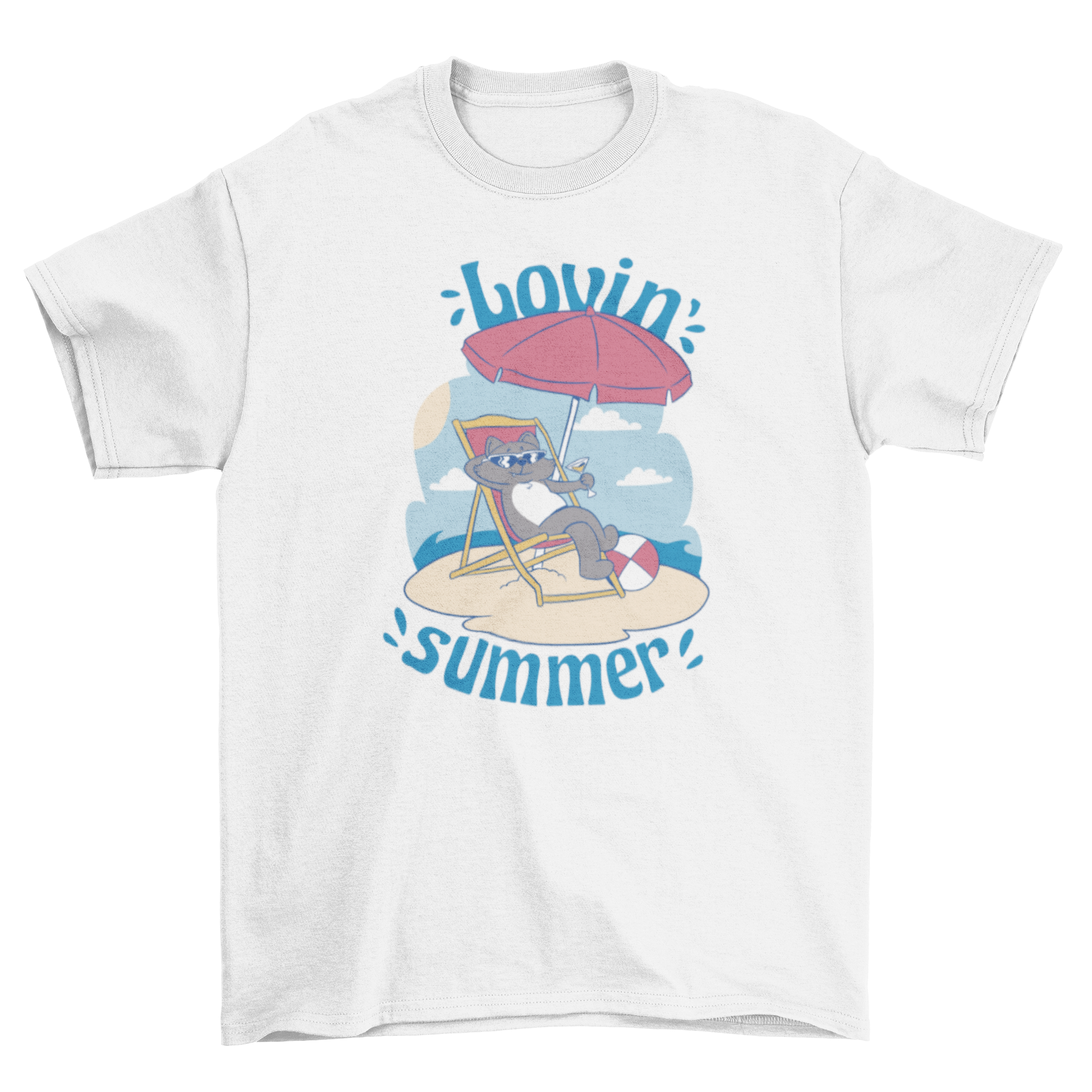 A playful t-shirt featuring a cat relaxing on a beach chair with a cocktail, perfect for summer wear.