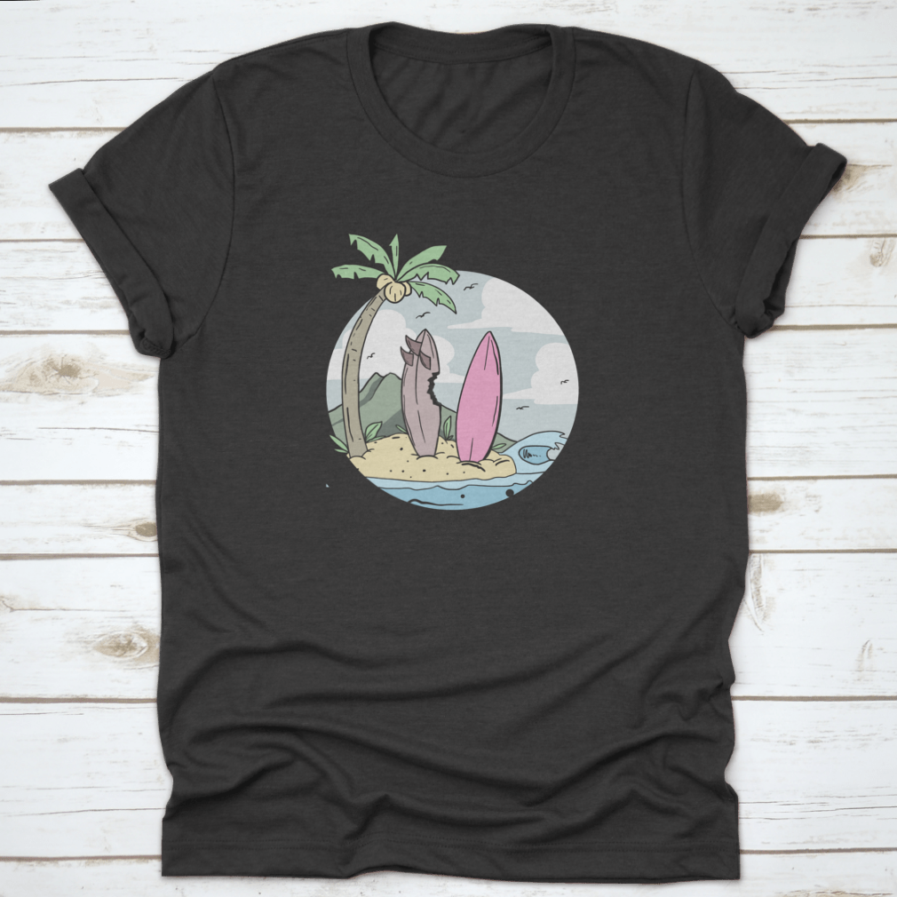 A stylish summer design shirt featuring a surfboard on the beach with coconut trees, perfect for beach lovers.