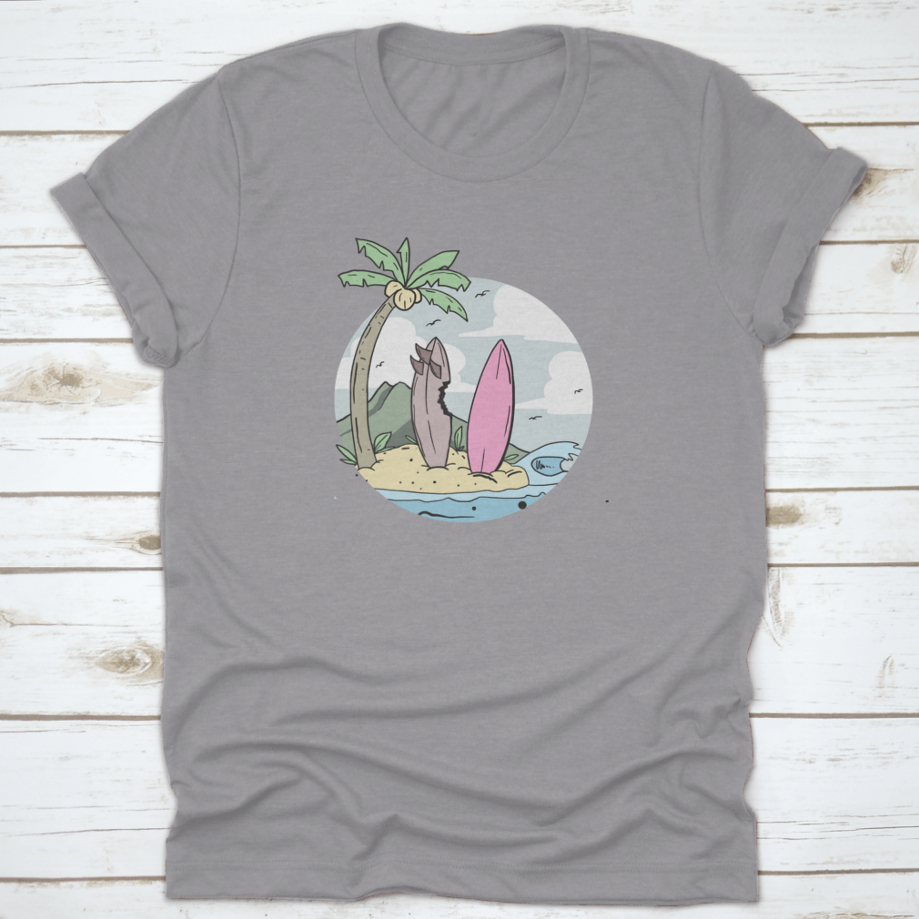 A stylish summer design shirt featuring a surfboard on the beach with coconut trees, perfect for beach lovers.