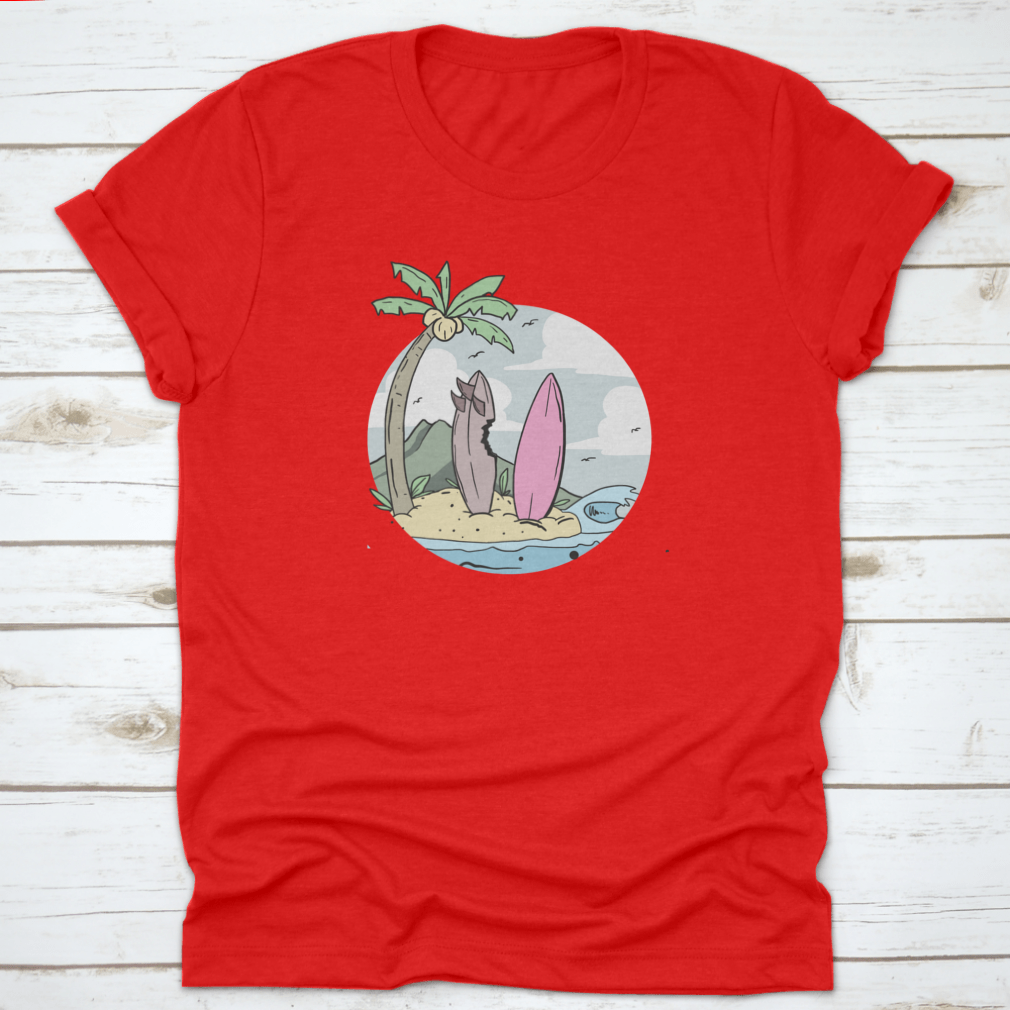 A stylish summer design shirt featuring a surfboard on the beach with coconut trees, perfect for beach lovers.