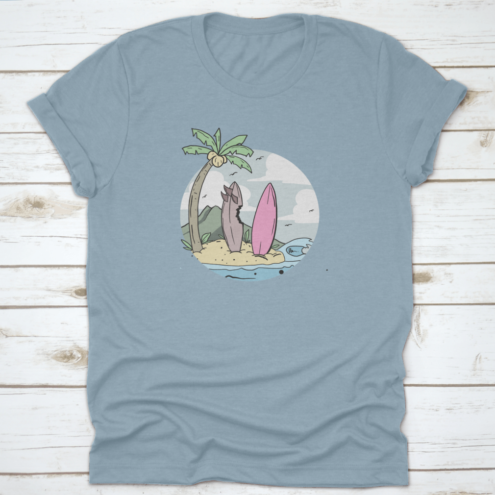 A stylish summer design shirt featuring a surfboard on the beach with coconut trees, perfect for beach lovers.