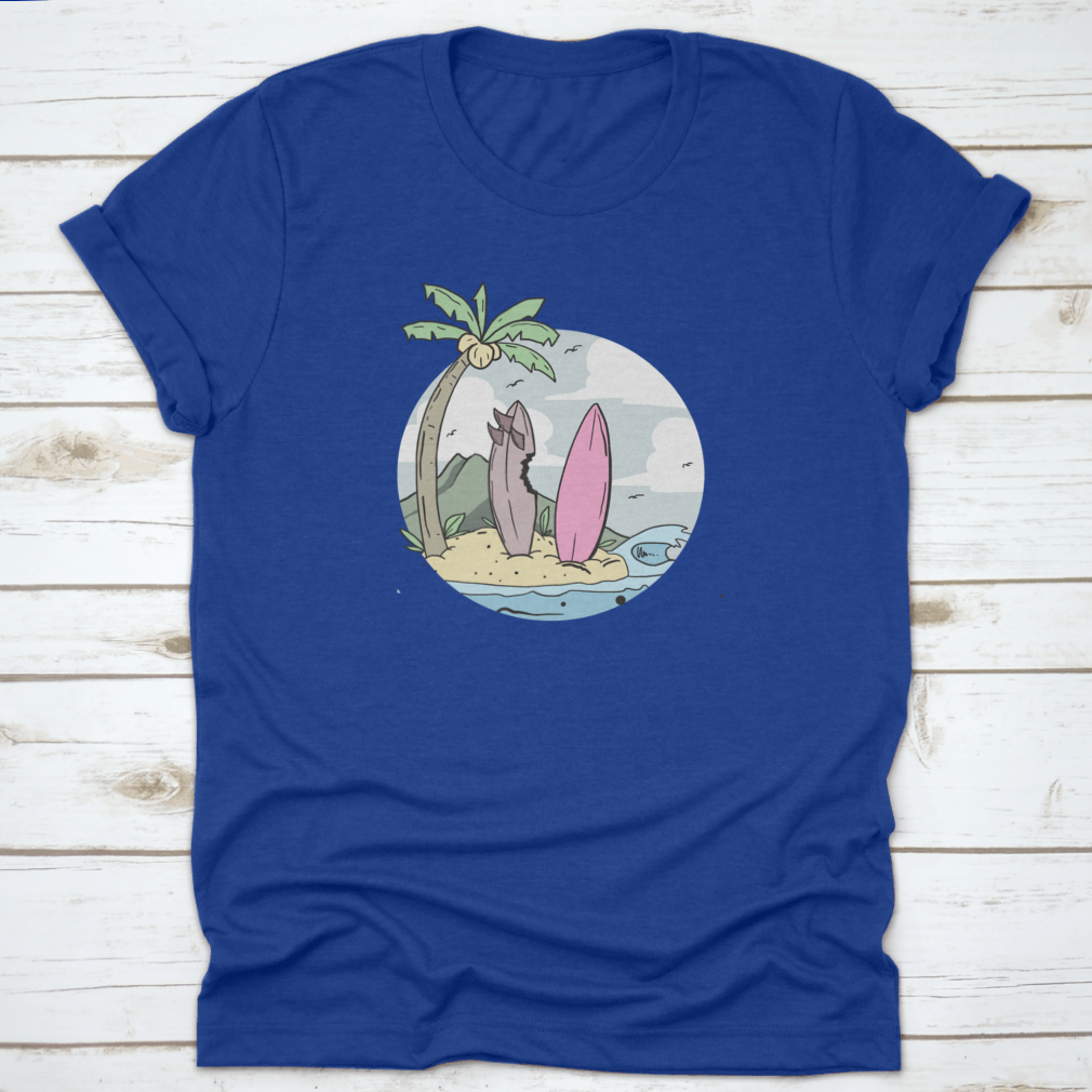 A stylish summer design shirt featuring a surfboard on the beach with coconut trees, perfect for beach lovers.