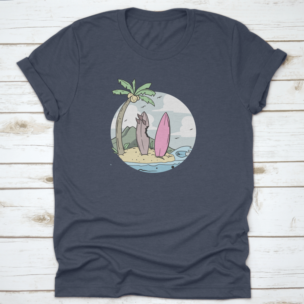A stylish summer design shirt featuring a surfboard on the beach with coconut trees, perfect for beach lovers.