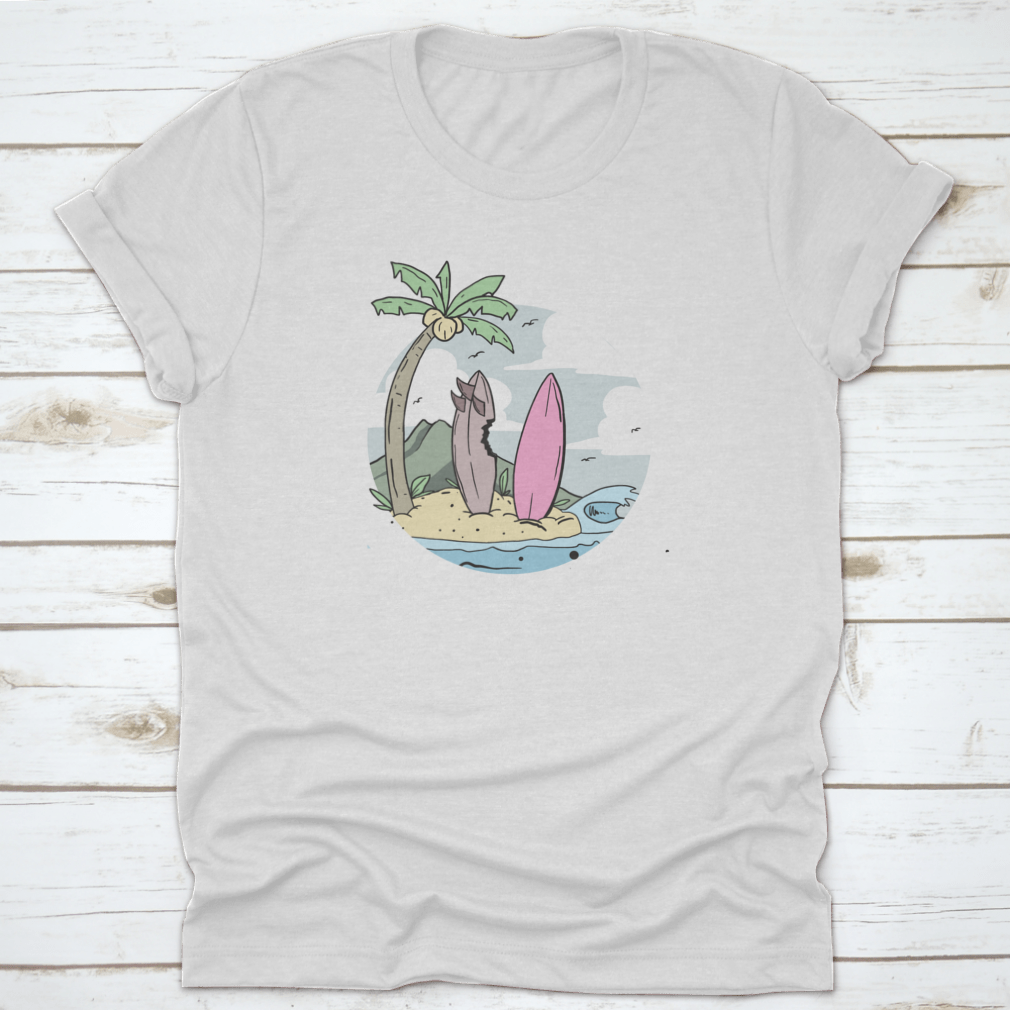 A stylish summer design shirt featuring a surfboard on the beach with coconut trees, perfect for beach lovers.