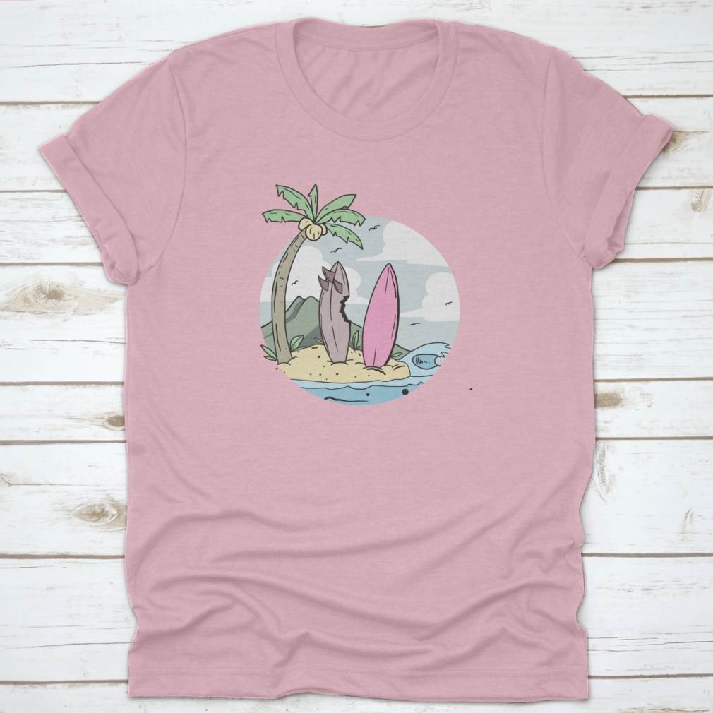 A stylish summer design shirt featuring a surfboard on the beach with coconut trees, perfect for beach lovers.