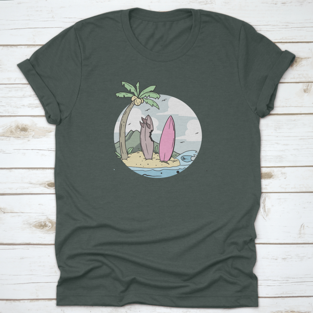 A stylish summer design shirt featuring a surfboard on the beach with coconut trees, perfect for beach lovers.