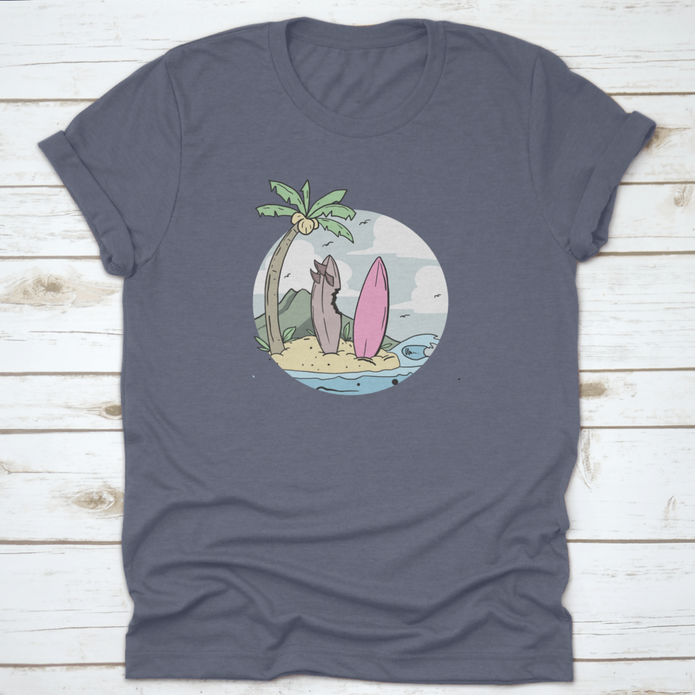 A stylish summer design shirt featuring a surfboard on the beach with coconut trees, perfect for beach lovers.