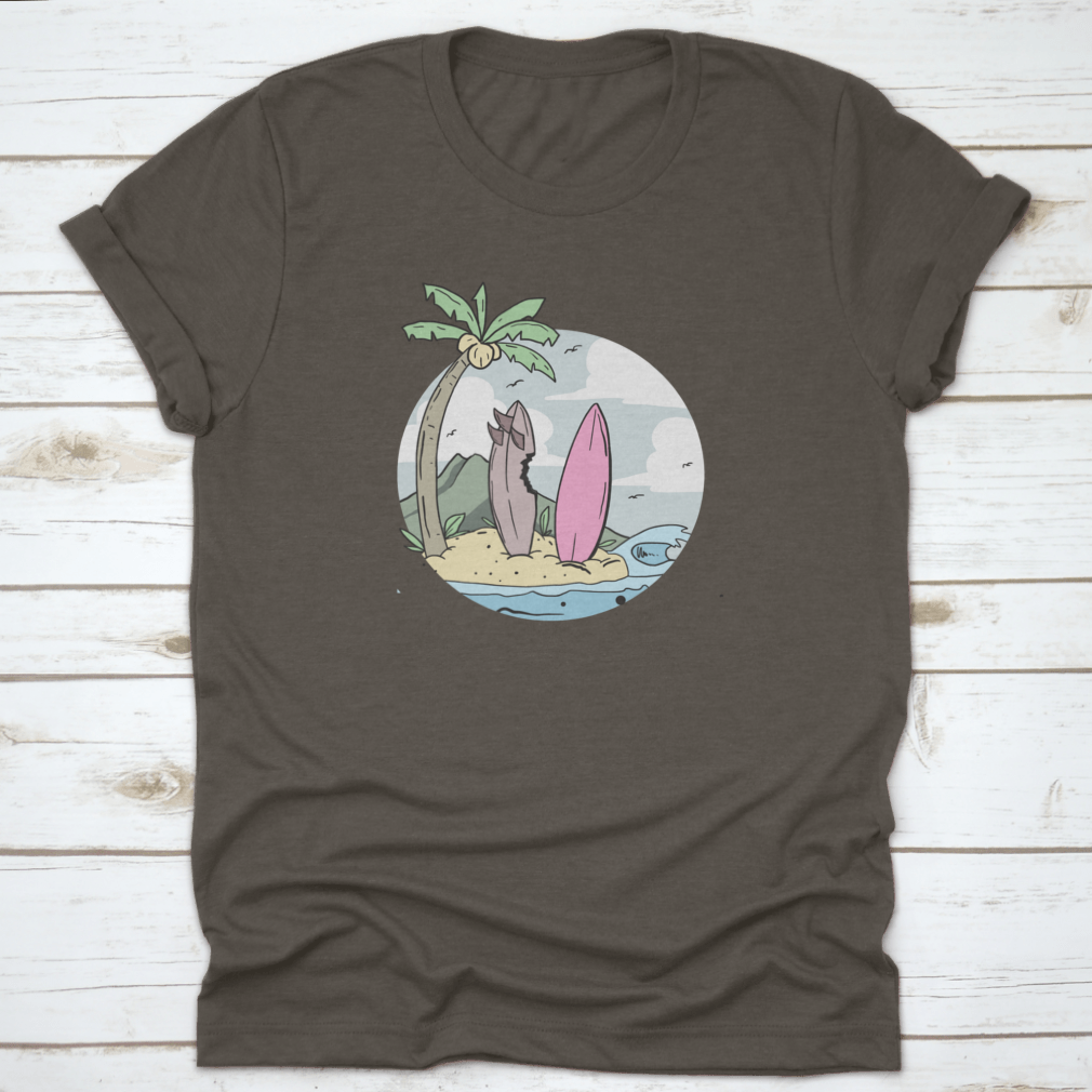 A stylish summer design shirt featuring a surfboard on the beach with coconut trees, perfect for beach lovers.