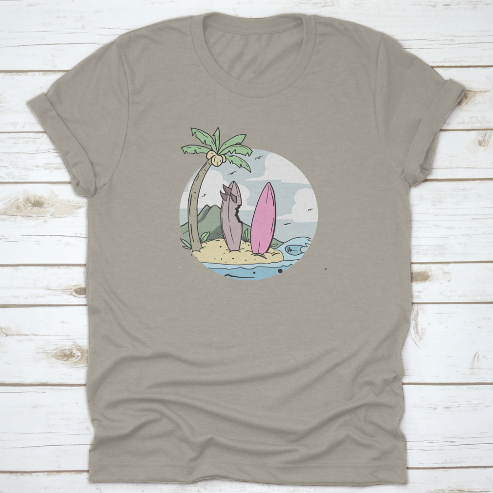 A stylish summer design shirt featuring a surfboard on the beach with coconut trees, perfect for beach lovers.