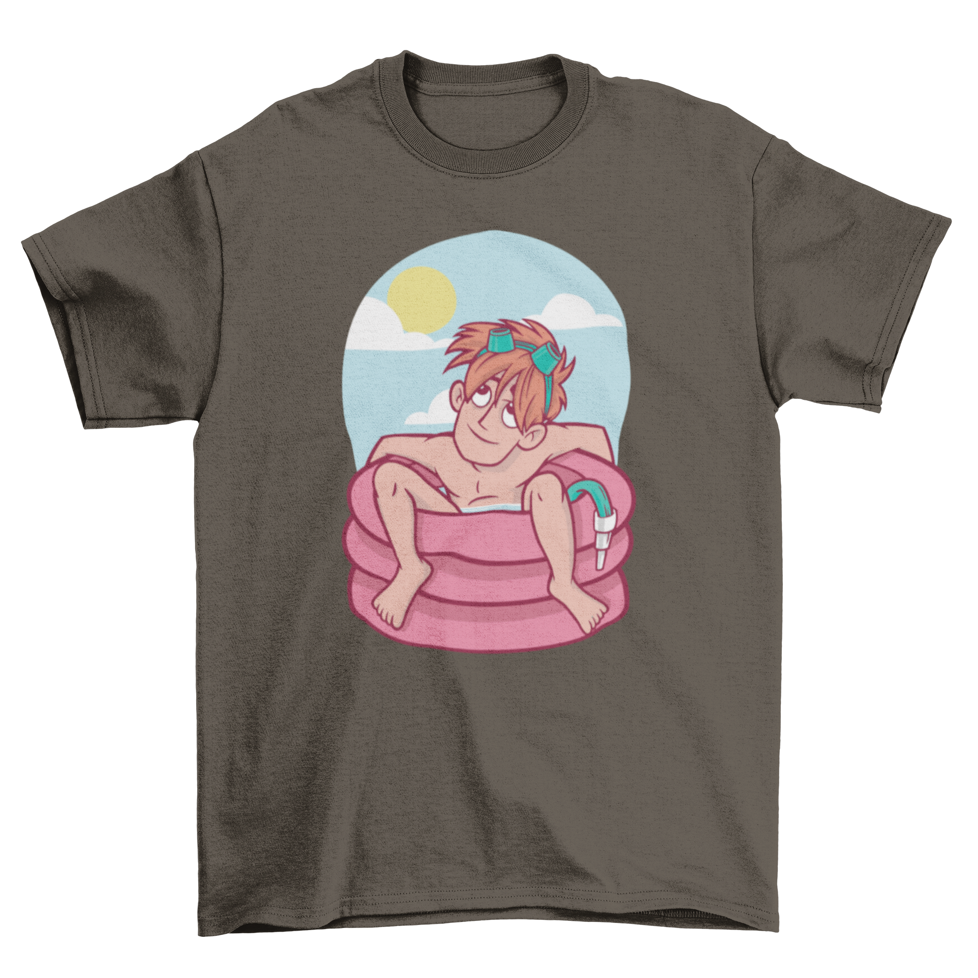 A vibrant Summer Inflatable Pool T-shirt featuring a graphic of a guy relaxing in an inflatable pool under the sun.