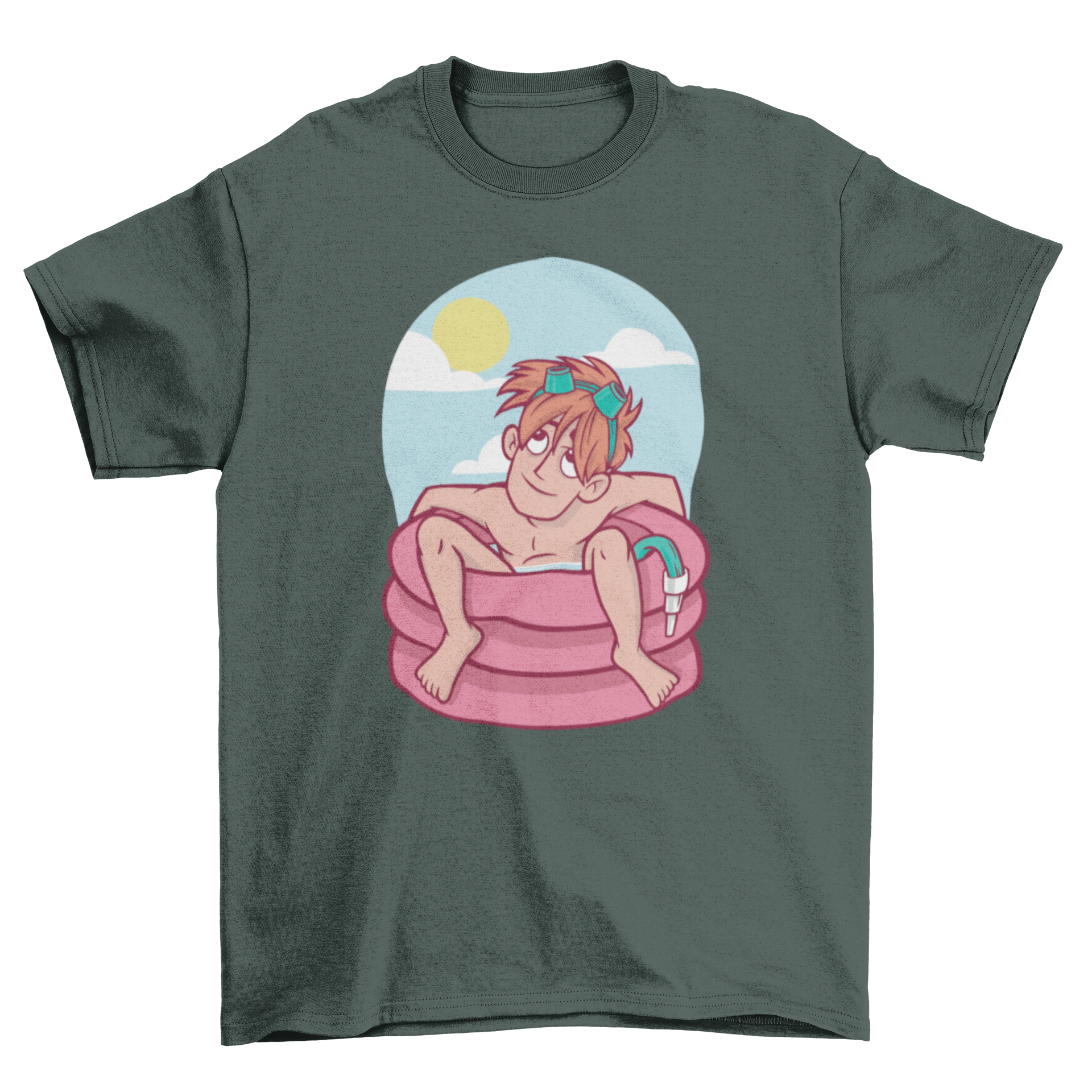 A vibrant Summer Inflatable Pool T-shirt featuring a graphic of a guy relaxing in an inflatable pool under the sun.