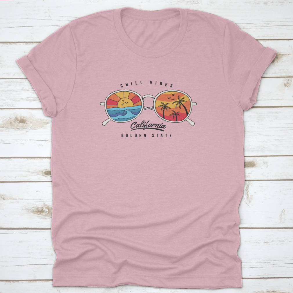 Stylish summer sun glasses featuring a tropical beach scene with palm trees and a sunset.