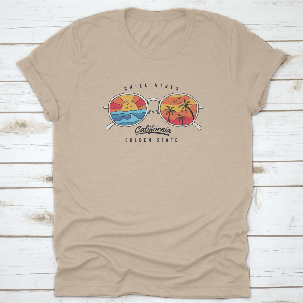 Stylish summer sun glasses featuring a tropical beach scene with palm trees and a sunset.