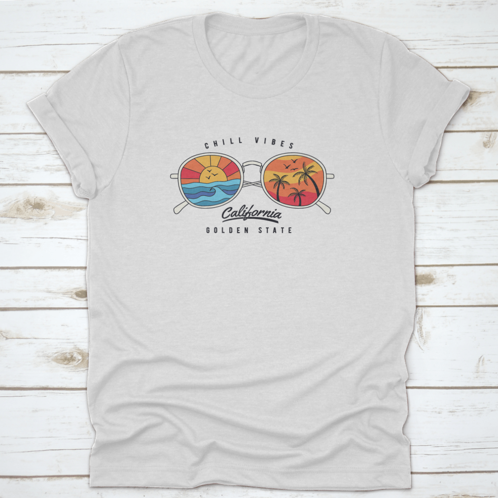 Stylish summer sun glasses featuring a tropical beach scene with palm trees and a sunset.