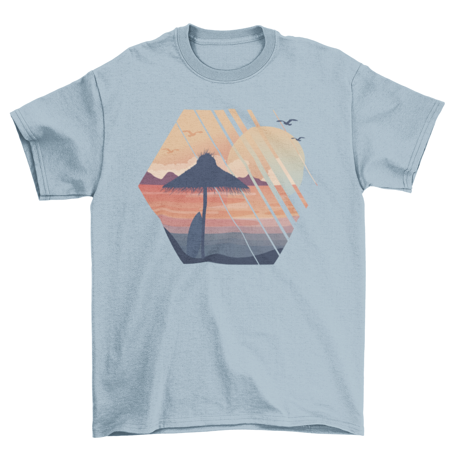 A vibrant Summer Vacation T-Shirt featuring a colorful illustration of a Caribbean beach landscape, perfect for summer outings.