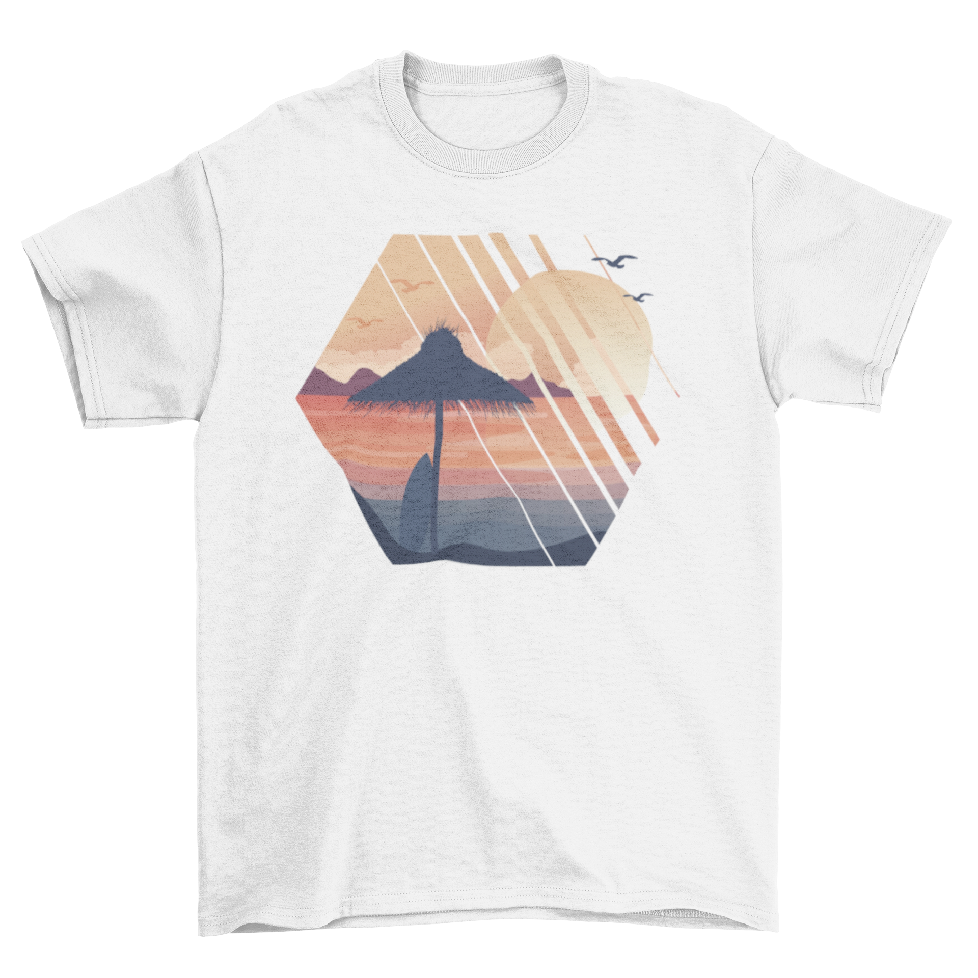 A vibrant Summer Vacation T-Shirt featuring a colorful illustration of a Caribbean beach landscape, perfect for summer outings.