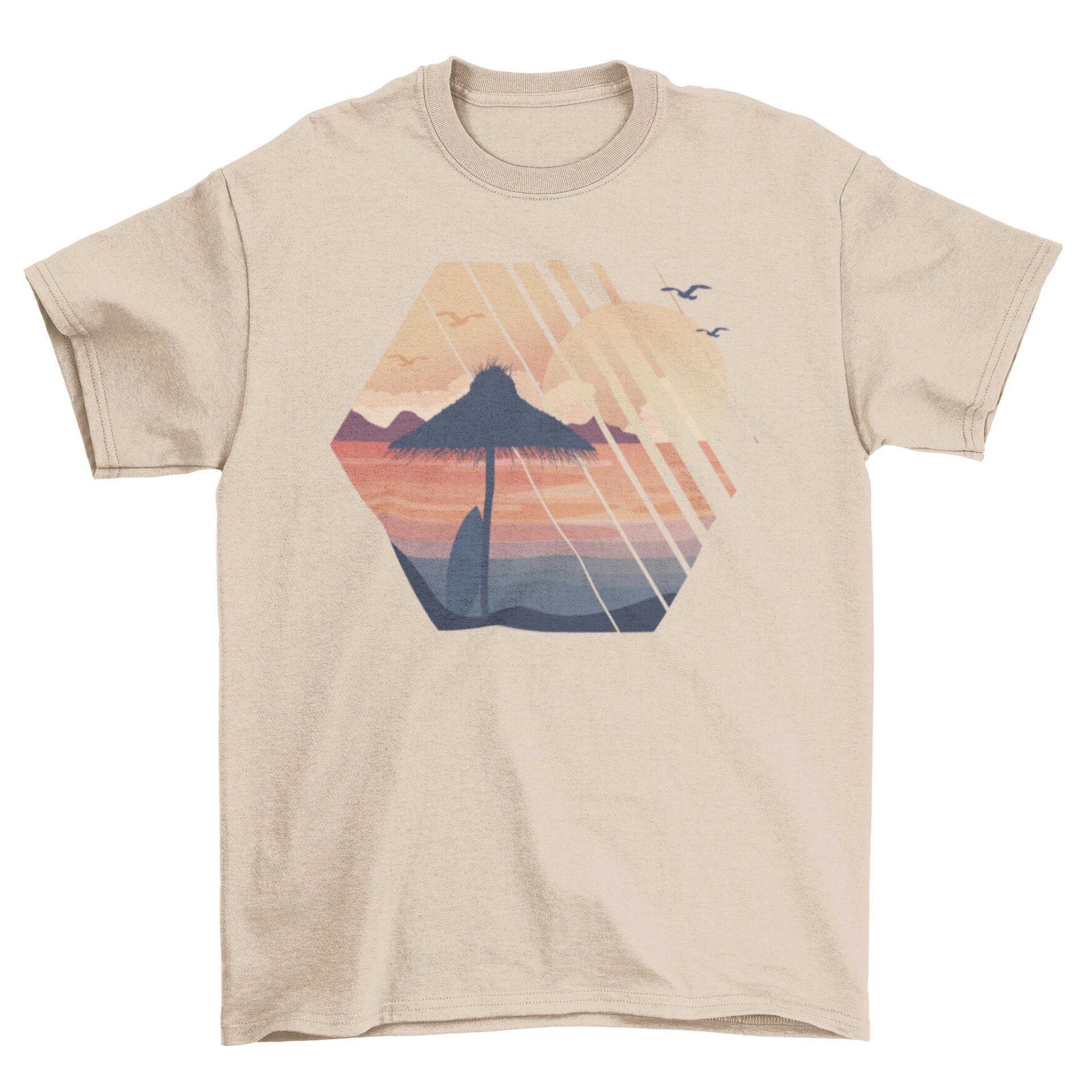 A vibrant Summer Vacation T-Shirt featuring a colorful illustration of a Caribbean beach landscape, perfect for summer outings.