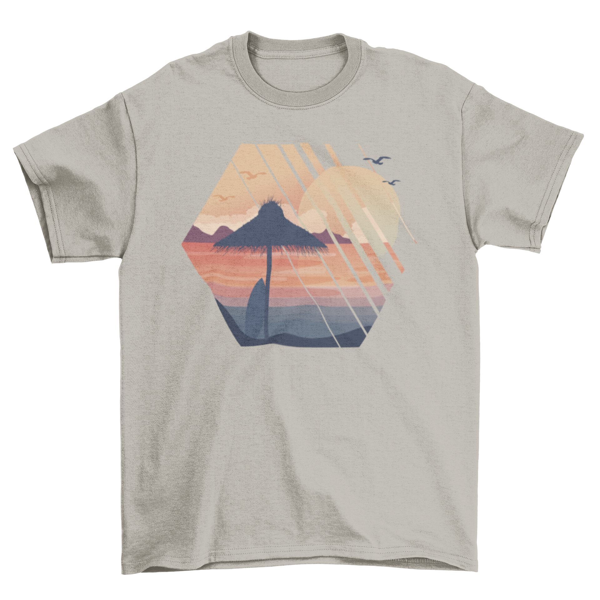 A vibrant Summer Vacation T-Shirt featuring a colorful illustration of a Caribbean beach landscape, perfect for summer outings.