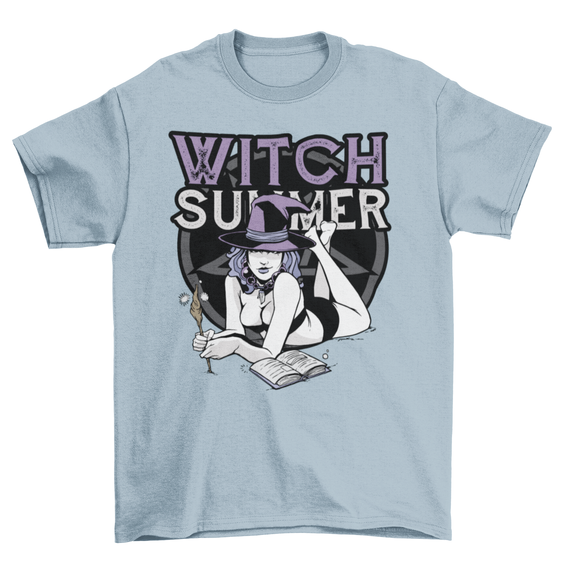A stylish t-shirt featuring a witch casting spells with an open book and wand, adorned with the quote 'Witch Summer'.