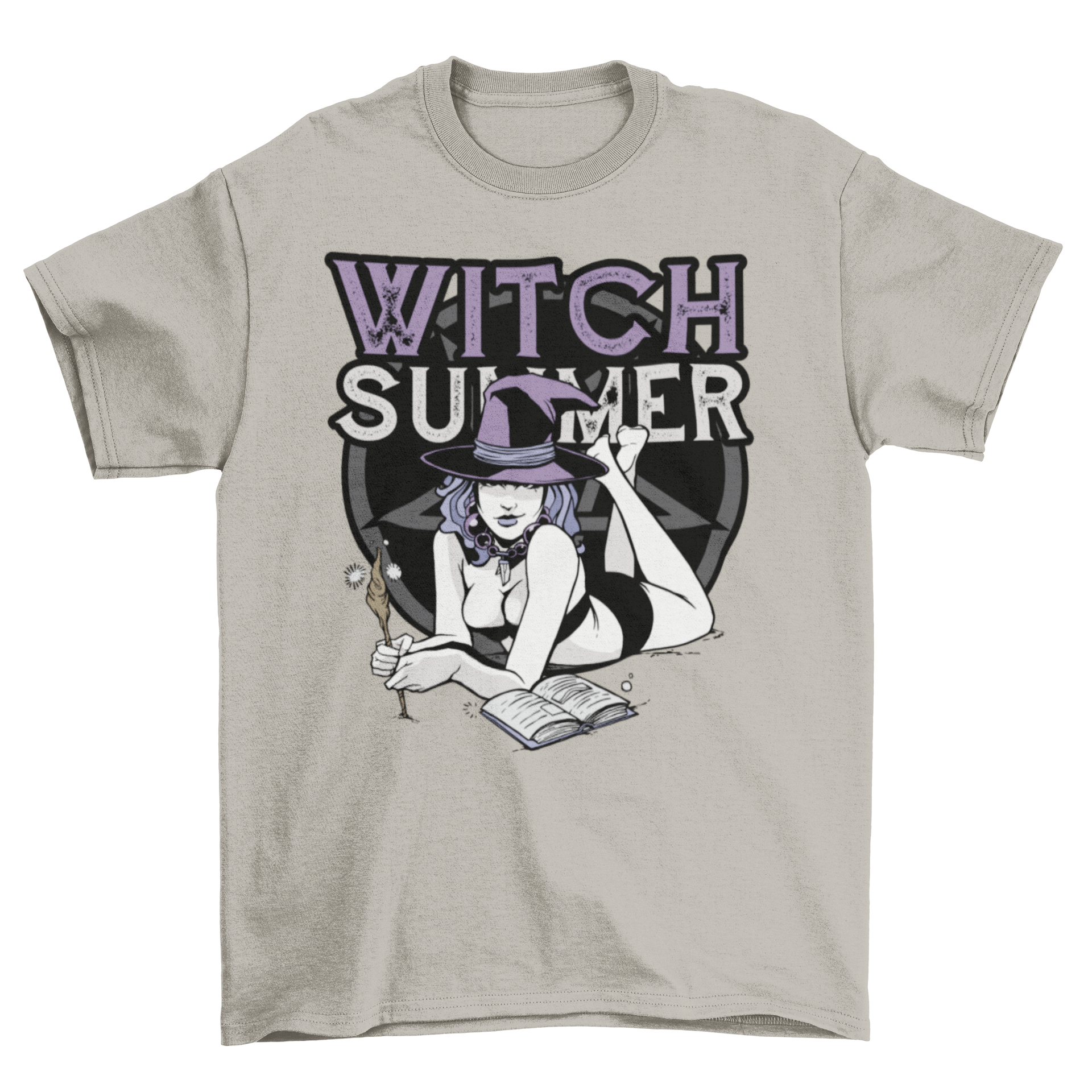 A stylish t-shirt featuring a witch casting spells with an open book and wand, adorned with the quote 'Witch Summer'.