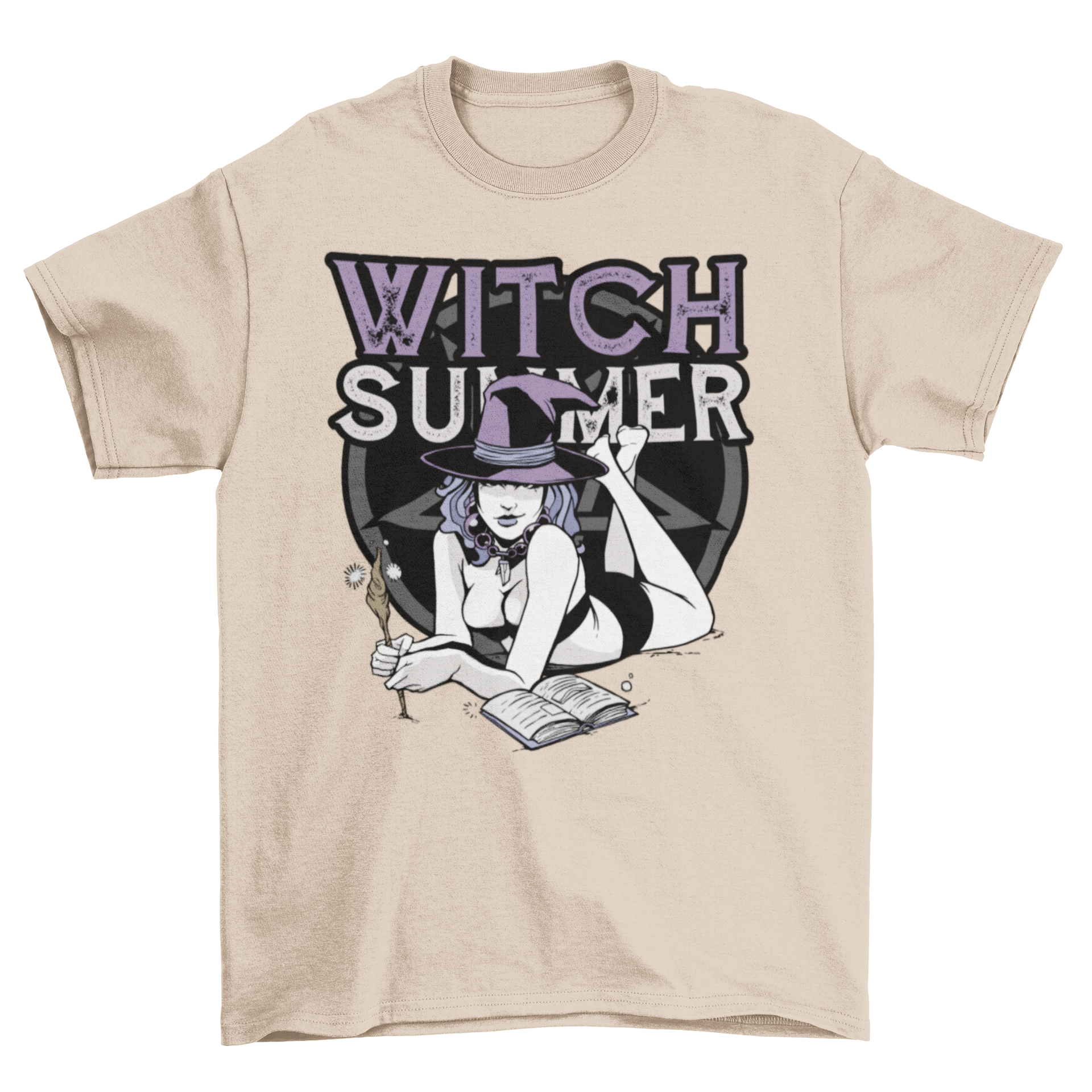 A stylish t-shirt featuring a witch casting spells with an open book and wand, adorned with the quote 'Witch Summer'.