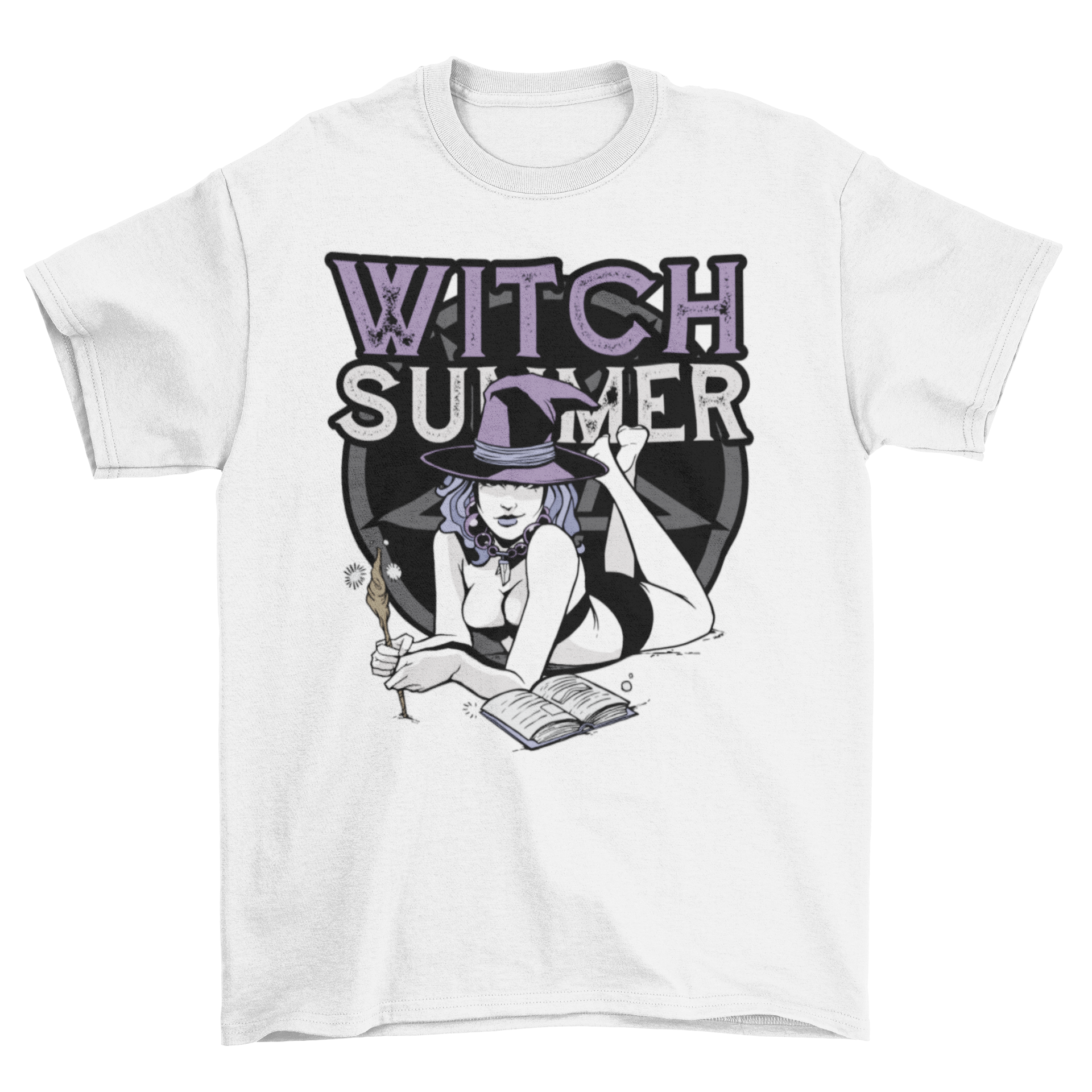 A stylish t-shirt featuring a witch casting spells with an open book and wand, adorned with the quote 'Witch Summer'.