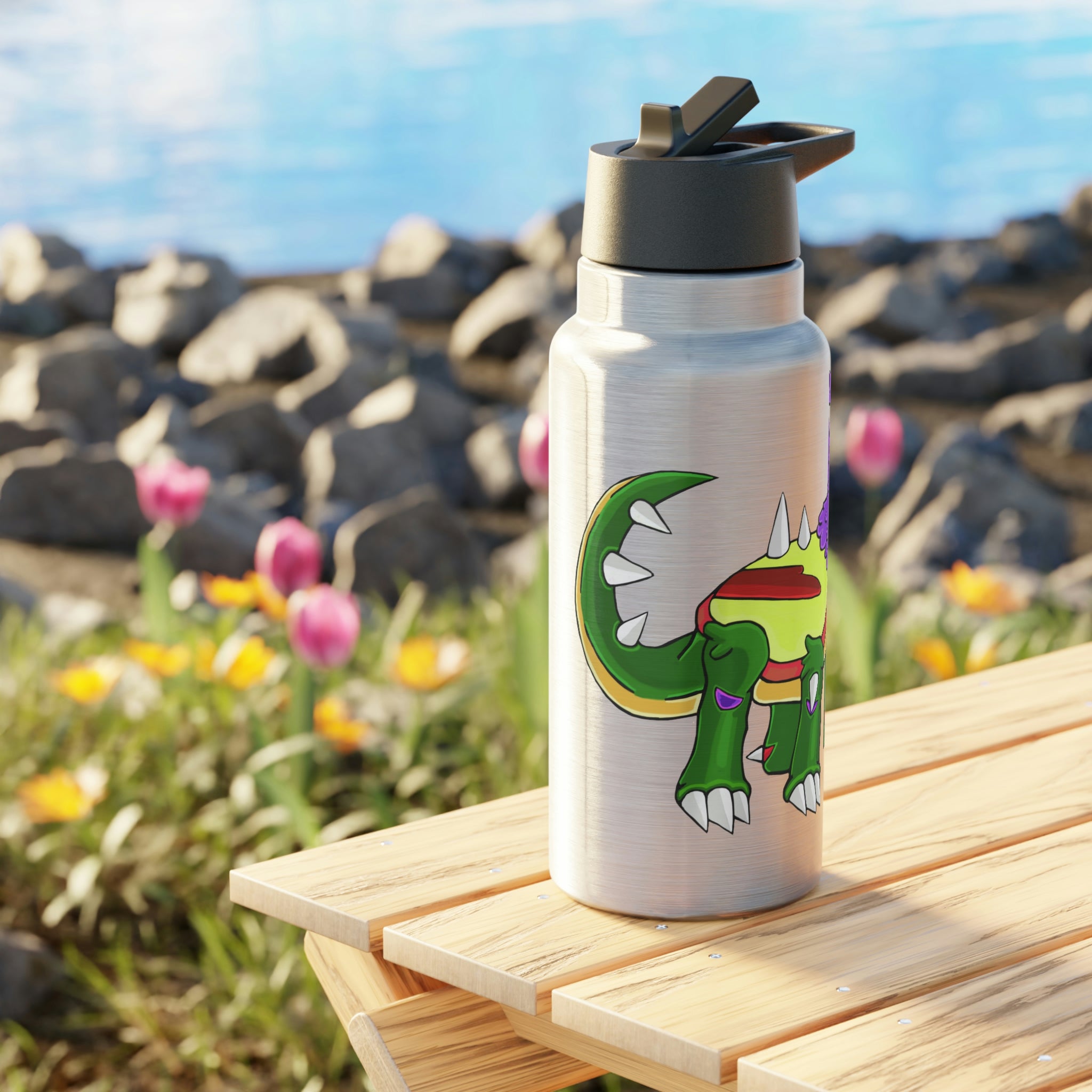 Sunecoon Gator Tumbler in stainless steel with a black cap and straw, showcasing a customizable design.