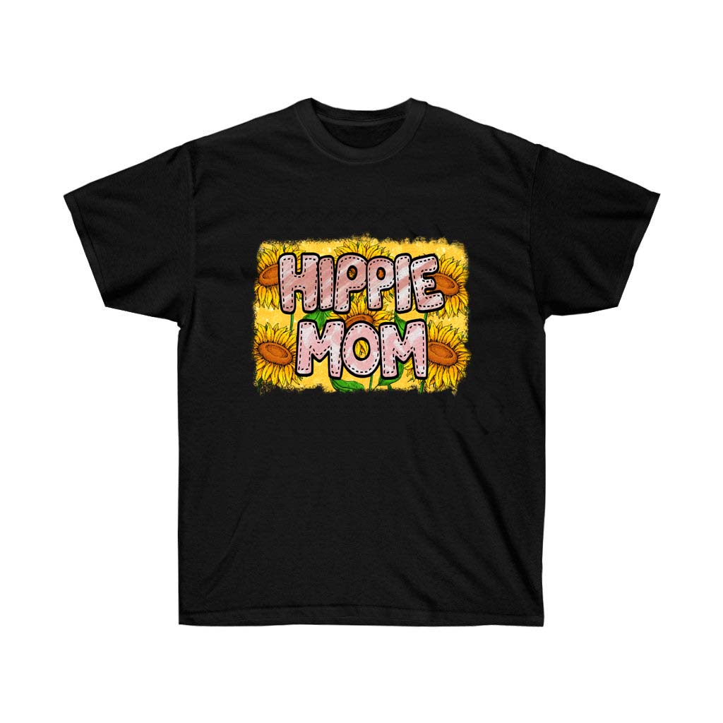 Sunflower Hippie Mom T-Shirt featuring a vibrant sunflower design on a soft cotton fabric, perfect for casual wear.